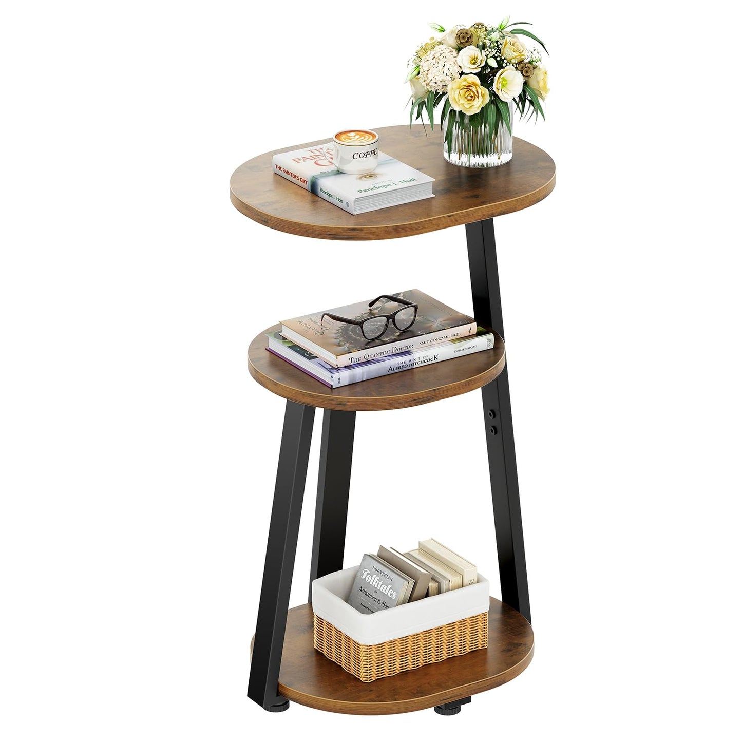 Kalrin Side Table, Small End Table with Metal Frame, 3-Tier Bedside Tables, Round Side Tables for Living Room Bedroom Couch Bathroom, Oval, Vintage Brown