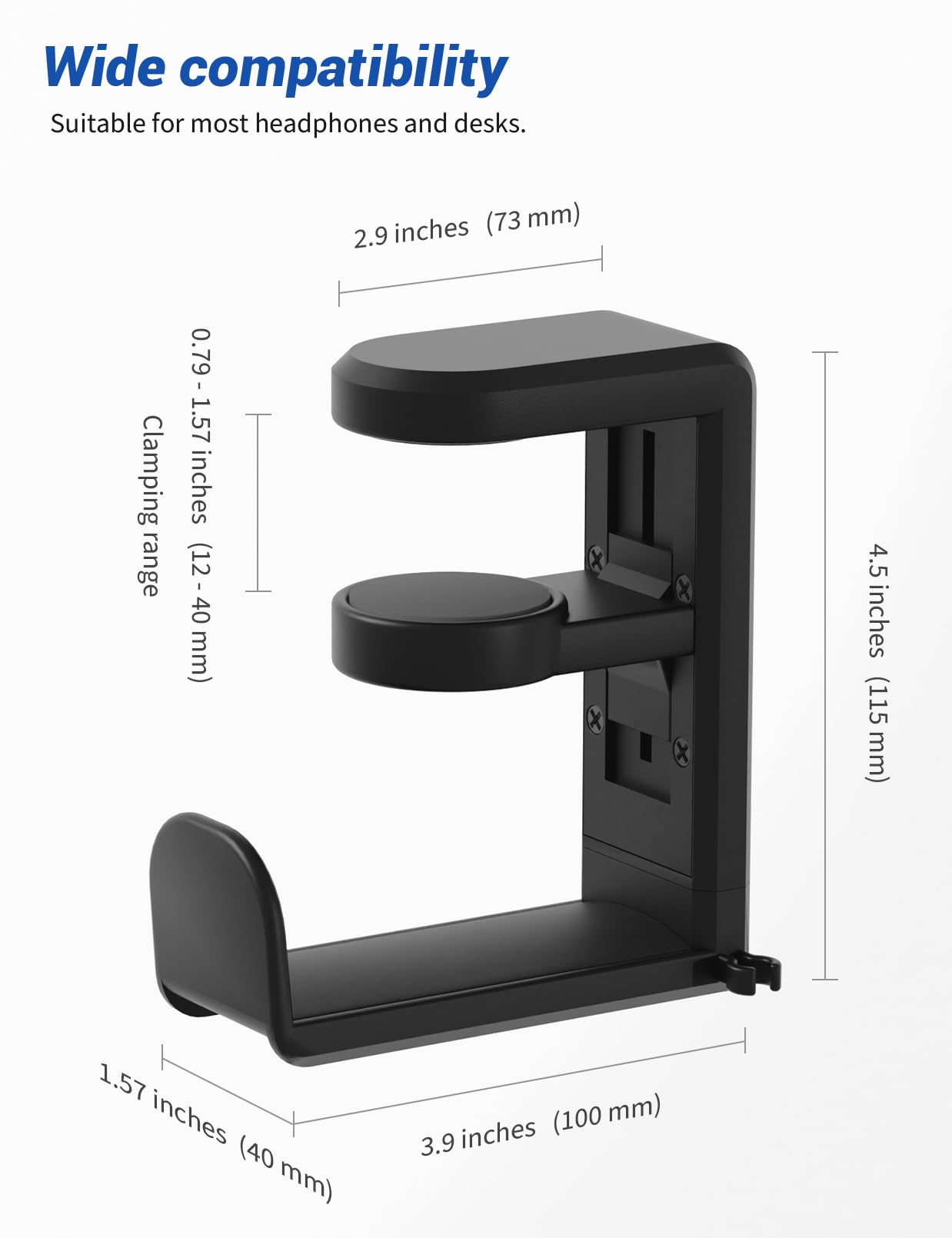 Celerion Headphone Hook - Under Desk Headphone Holder with 360-Degree Adjustable Rotation, Black