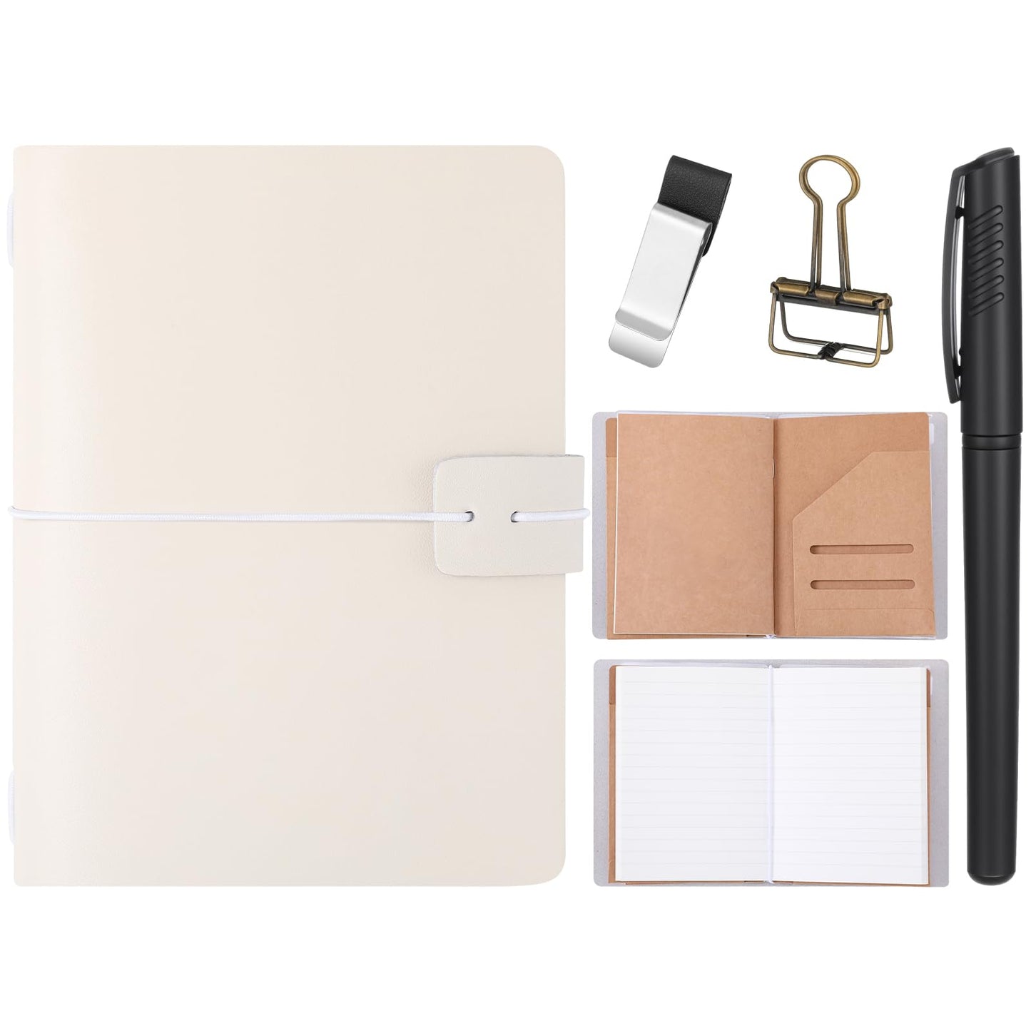 Thenshop Travelers Refillable Leather Journal Notebook Travel Diary Handmade Passport Travelers Journal for Men and Women with 3 Notebook Inserts, Pen Holder, Binder Clip(White,Passport Size)