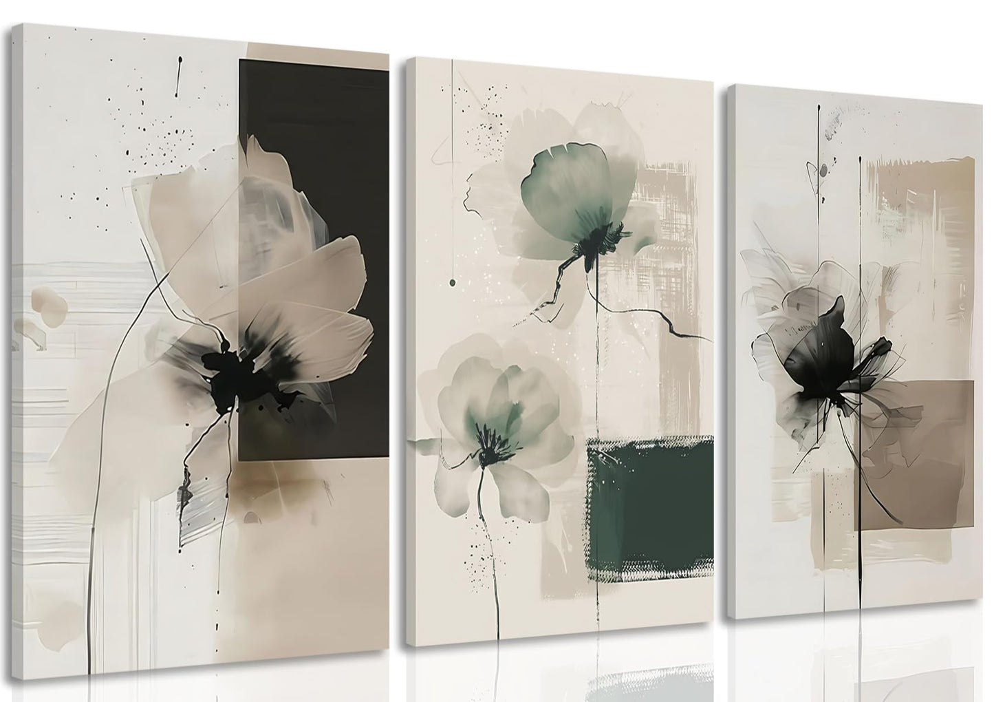Neutral Abstract Floral Wall Art Set of 3 – Modern Beige & Black Minimalist Canvas Prints, Contemporary Large Flower Posters for Living Room Bedroom Bathroom Office Home Decor, Framed 24x16 Inch