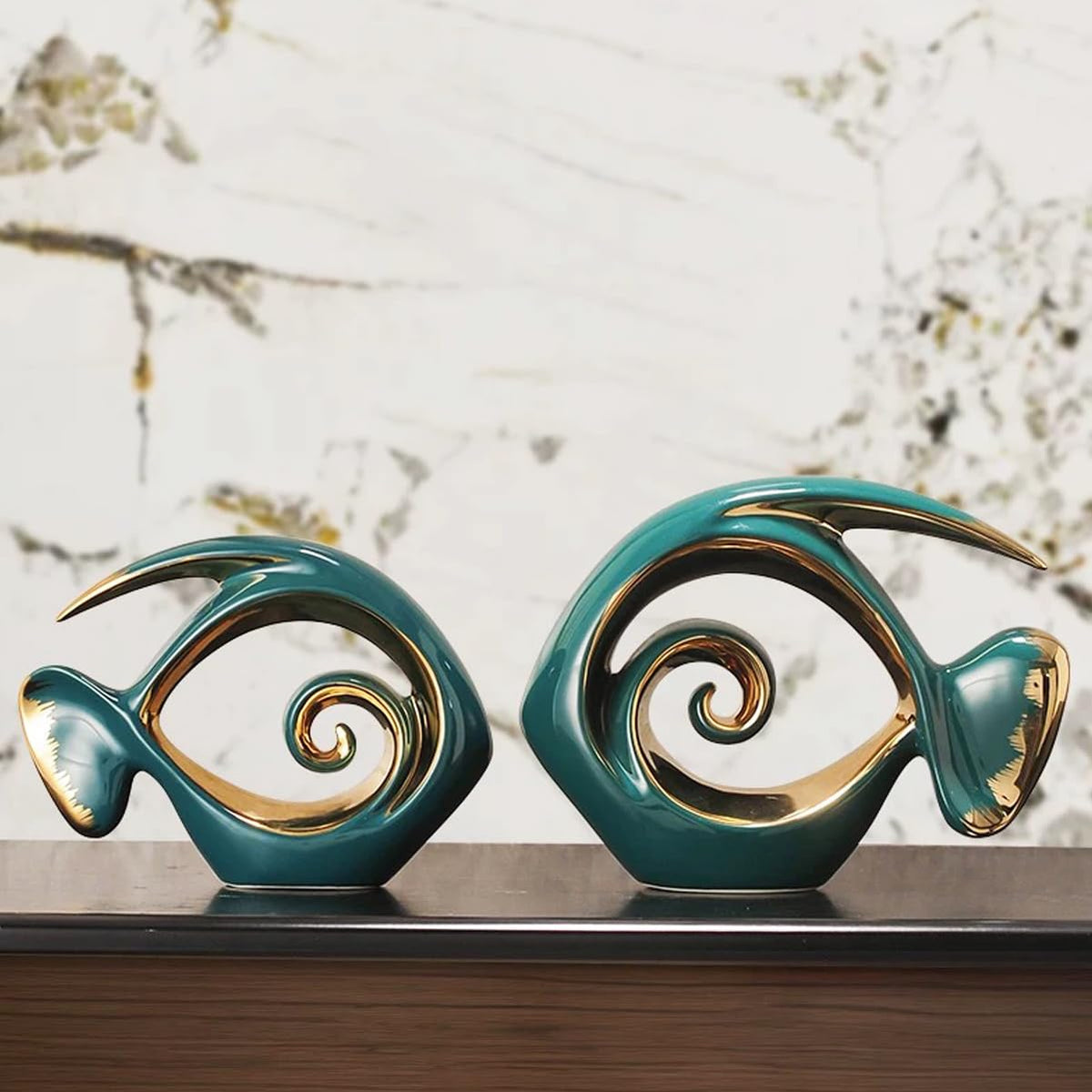 Tuioyoc Ceramic Statues Angelfish Home Decor Modern Style Figurine Green and Gold Decorative Ornaments for Living Room, Table Centerpiece, Kitchen, Office Desktop, Shelf, Entryway Decoration