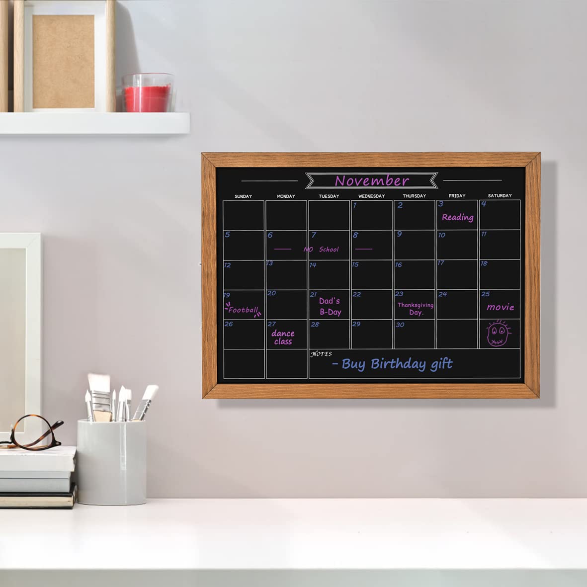 Umtiti Calendar Chalkboard, 10.6" * 14.6", Magnetic Surface Rustic Brown Solid Pine Wood Frame Chalk Board for Planning/School Timetable/Memo, Hanging Board for Office, School and Home(YLHB-QZ-2737)