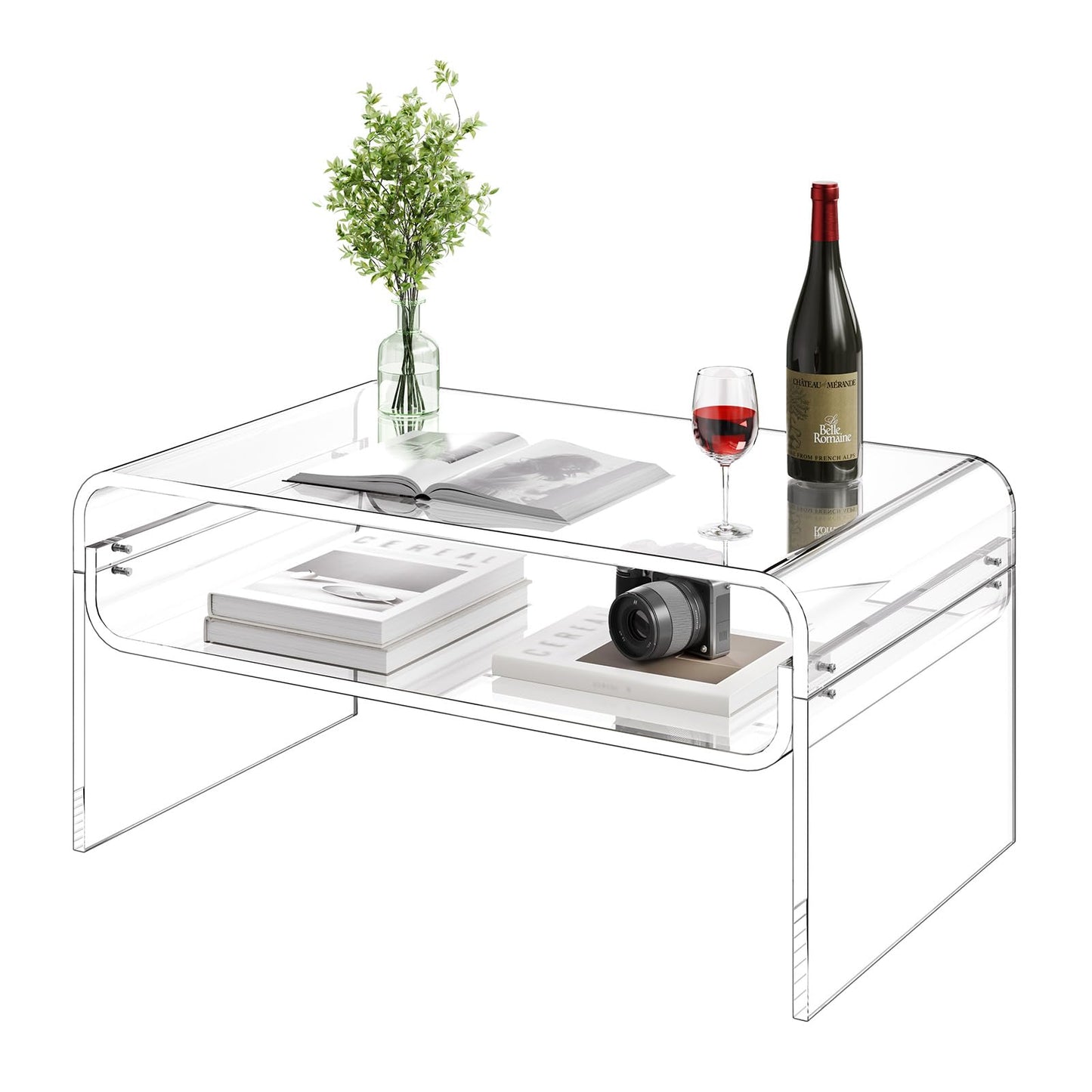 VEVOR Acrylic Coffee Table, Modern Waterfall Center Table with Open Storage Shelf, Clear Rectangle Lucite Desk for Living Room, Office Reception, 31.5" W x 19.7" D x 15" H, Large