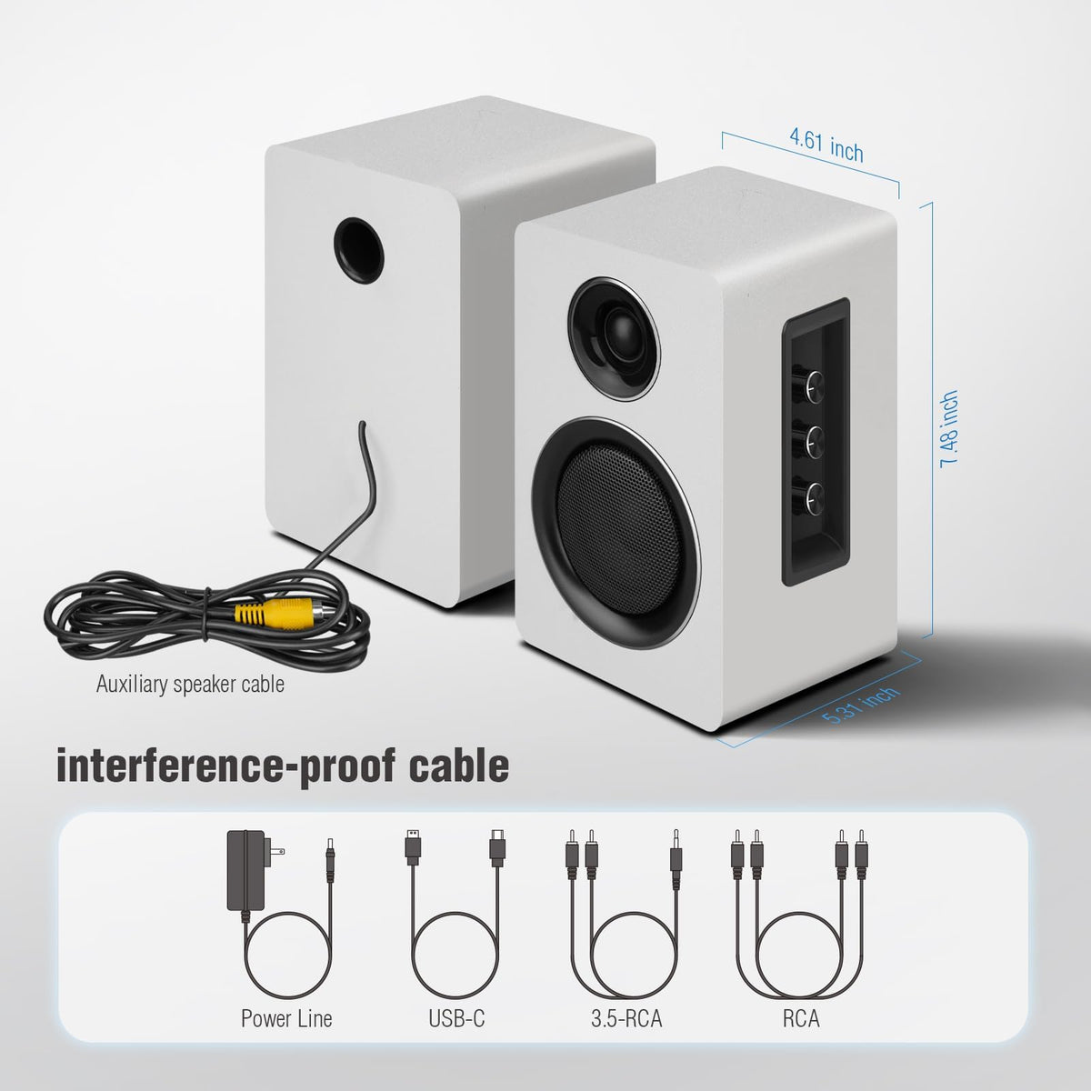 Computer Speakers for Desktop PC, Active Bookshelf Speaker with 3" Carbon Fiber Woofer and Silk Film Tweeter, Supports Bluetooth 5.3, USB-C, AUX/RCA Input for Record Player TV - White Stereo Set