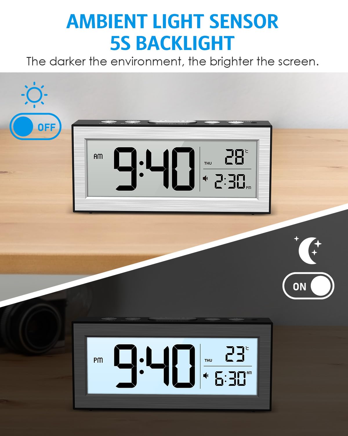 AMIR Small Digital Alarm Clock, Digital Clock Battery Operated with Temperature Date, Backlight LCD Screen, Desk Clock for Bedroom,Office,Travel (Batteries Included)