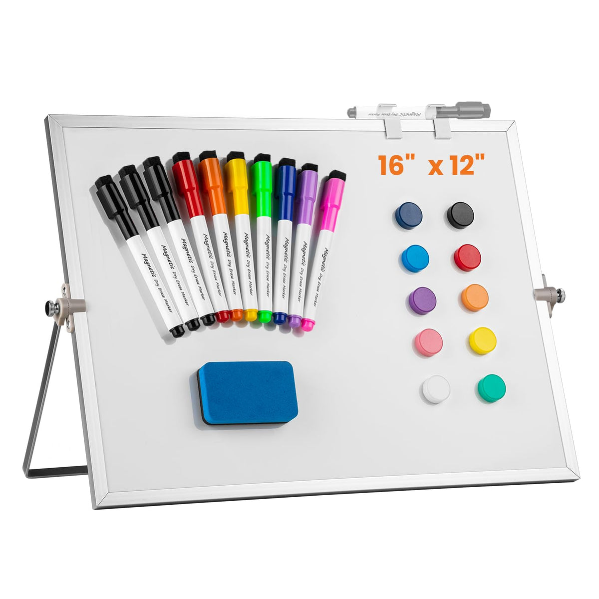 Dry Erase WhiteBoard, Aisuoker 16 x 12inch Magnetic Desktop Whiteboard with Stand, 10 Markers, 10 Magnets and 1 Eraser, Portable Double-Sided White Board for Kids Drawing Memo to Do and List Wall