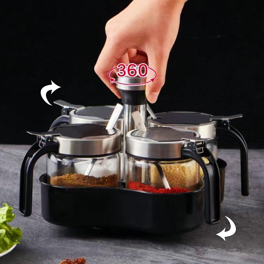 TINMIX Revolving Condiment Pots Sugar Bowl Salt & Pepper Cellar with Lid and Spoon, Set of 4 Seasoning Box Spice Jar with 360 Rotating Tray for Kitchen, 2 Pots+2 Oil Dispenser Bottles