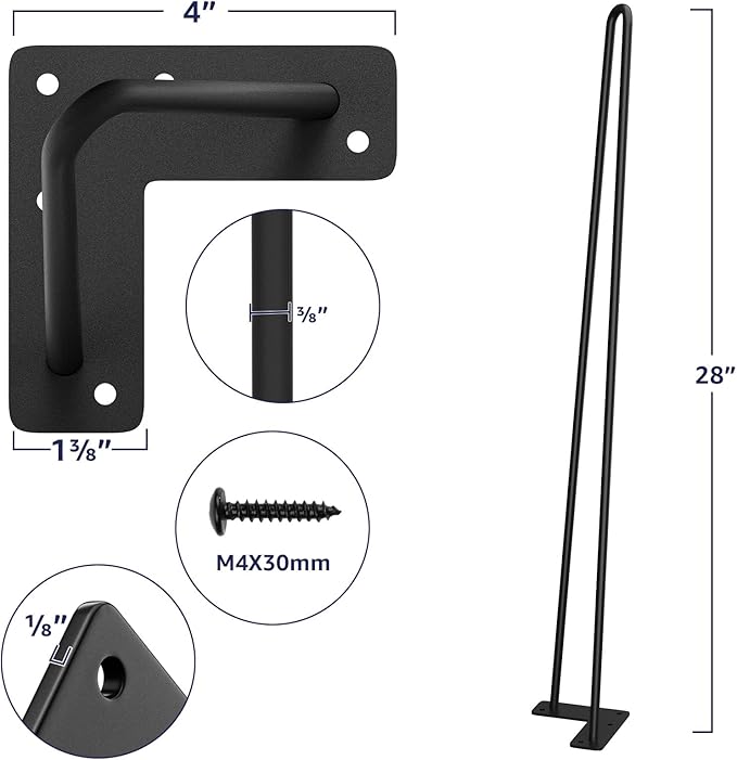 SMARTSTANDARD Hairpin Table Legs 24 Inch, 3/8" Solid Metal Legs