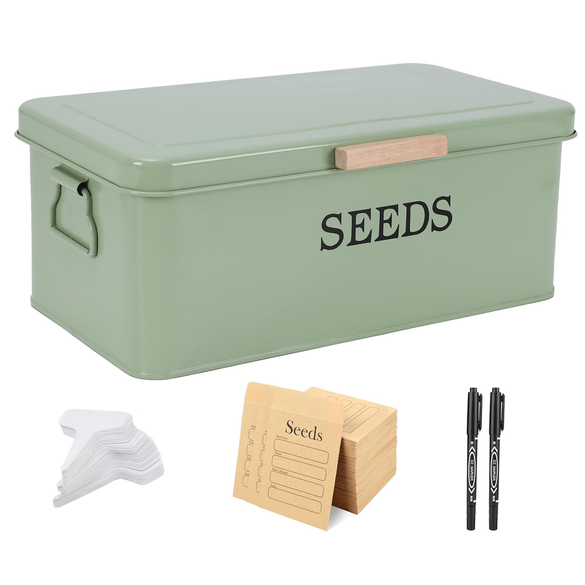 Mowhut Seed Storage Organizer,Metal Seed Saving Box with Lid,4 Compartments Box with Safety Locks,Garden Supplies Container with 20 Plant Labels 50 Saving Envelopes 2 Marker Pens,Green