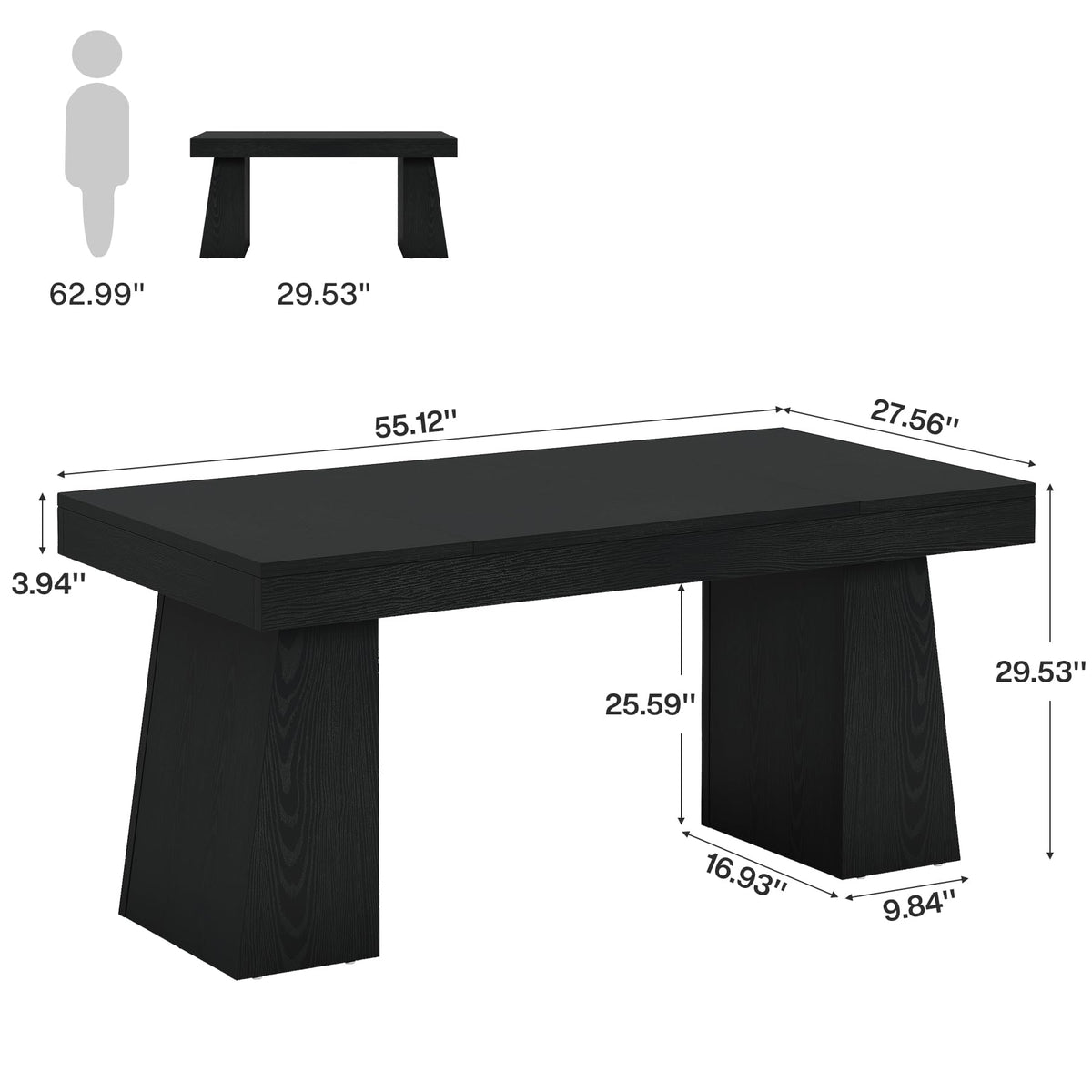 Tribesigns 55" Executive Desk, Wooden Office Desk with Double Pedestal, Modern Simple Computer Writing Table for Home Office, Black