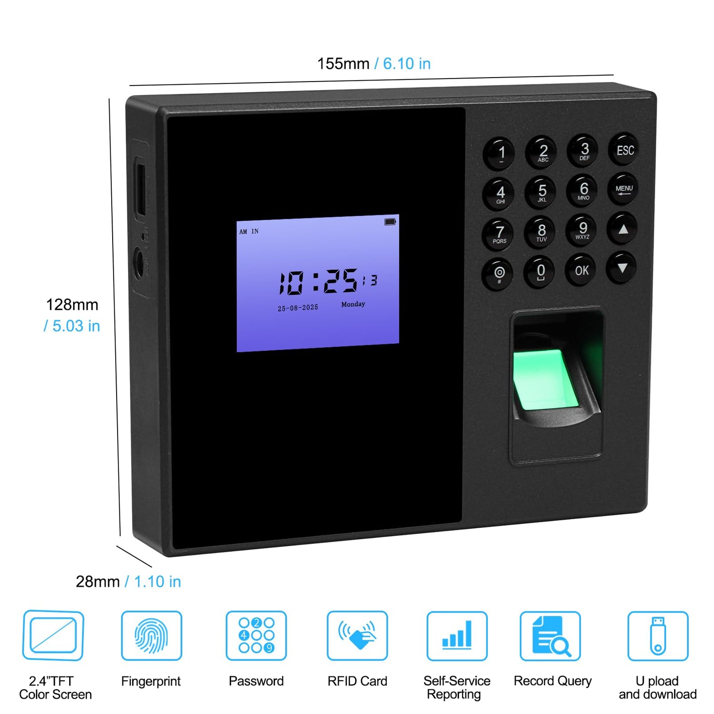 OBO HANDS Biometric Time Clocks for Employees- No Monthly Fees - Time Punch Machine for Small Business - Fingerprint/Card/Password Attendance Systems with Power Plug - Easy Reporting