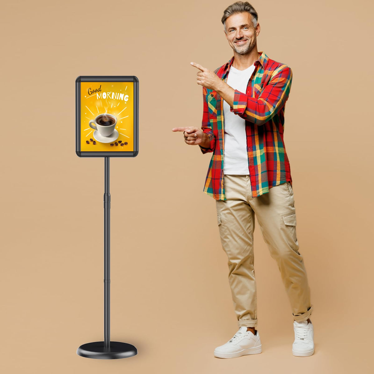 Newzueby Adjustable Pedestal Floor Stand Sign Holder for 8.5*11 inches Poster or chalk board, Snap open frame,360° Rotation,Outdoor Indoor Standing Display Sign Holders for advertising ,Black
