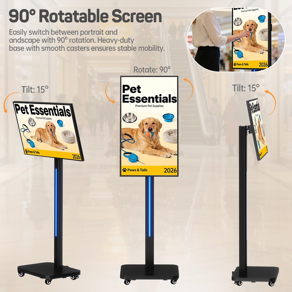 JASZDOT 32 Inch Digital Signage Display on Wheels, Portable LCD Touch Digital Kiosk with Adjustable Rolling Stand, Phone App Control Android 14 Advertising Display Poster, Auto Media Player, HDMI/USB