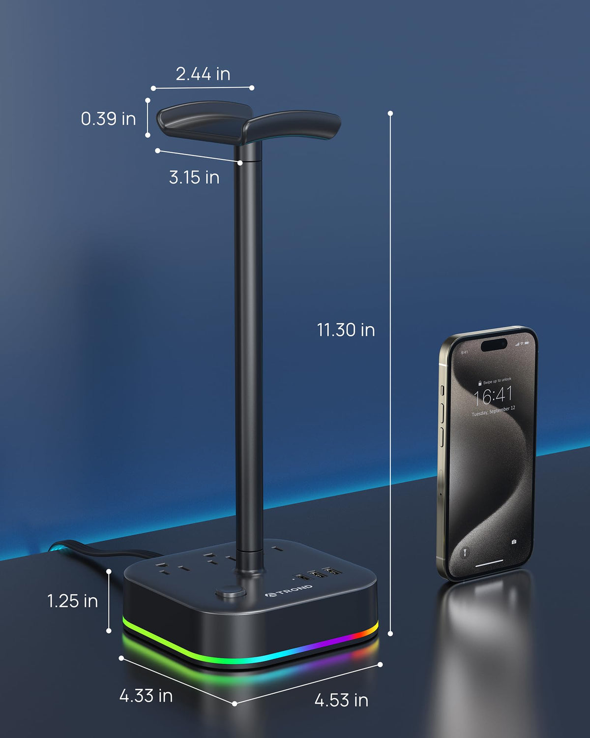 TROND Headphone Stand with USB C, Desk Gaming Headset Holder with 3 AC Outlets, 2 USB-A and 1 USB-C, Headset Stand with 5 RGB Light Modes, for Gaming Desk Accessories Gamer Boyfriend Gifts