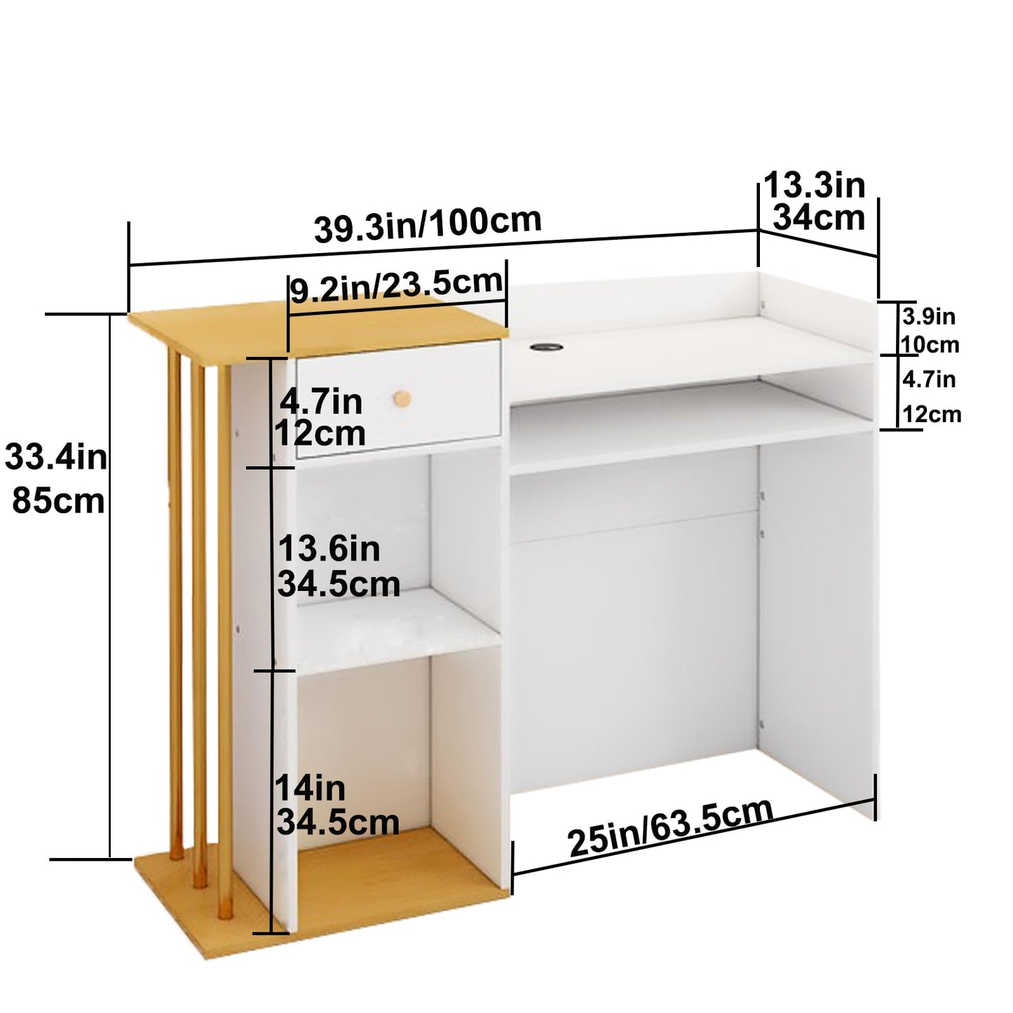 Reception Desk, Reception Counter with Drawers and Storage Shelves, 39 inch Retail Counter for Checkout with Cable Grommet, Suitable for Salons, Beauty, Clothing Stores,Thickened Wooden Board