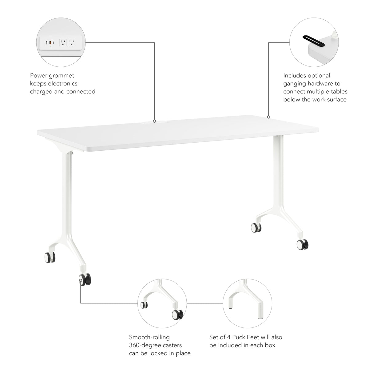 Bush Business Furniture 60-inch Rolling Rectangle Conference Room Table, Modular Training Table with Wheels for Meetings and Classrooms, Commercial Office Furniture, Synergy Collection, White