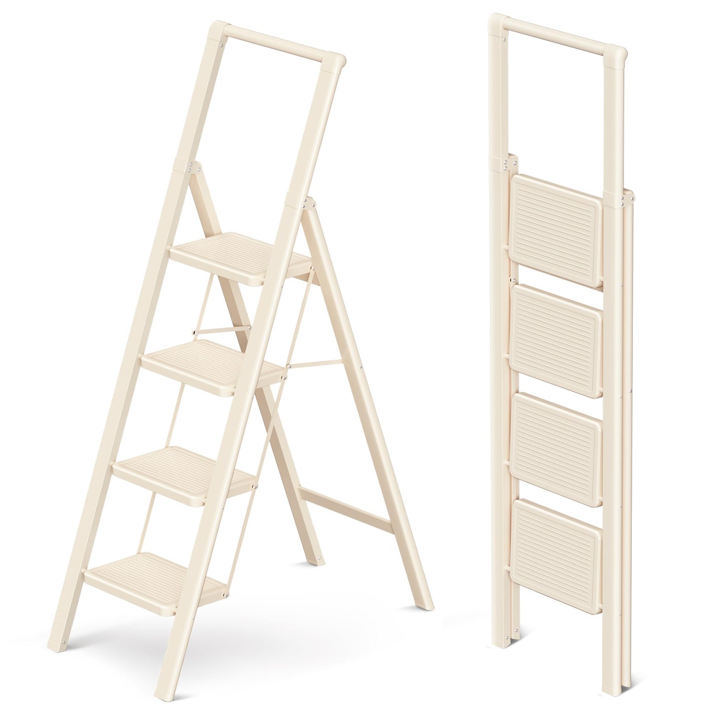GameGem 4 Step Ladder Folding Step Stool, Foldable Ladder with Ergonomic Heightened Top Grip, Tall Step Ladder with Widened Anti-Slip Pedal for Closet, 330Lbs Load, Fold Thin and Tight, Cream White