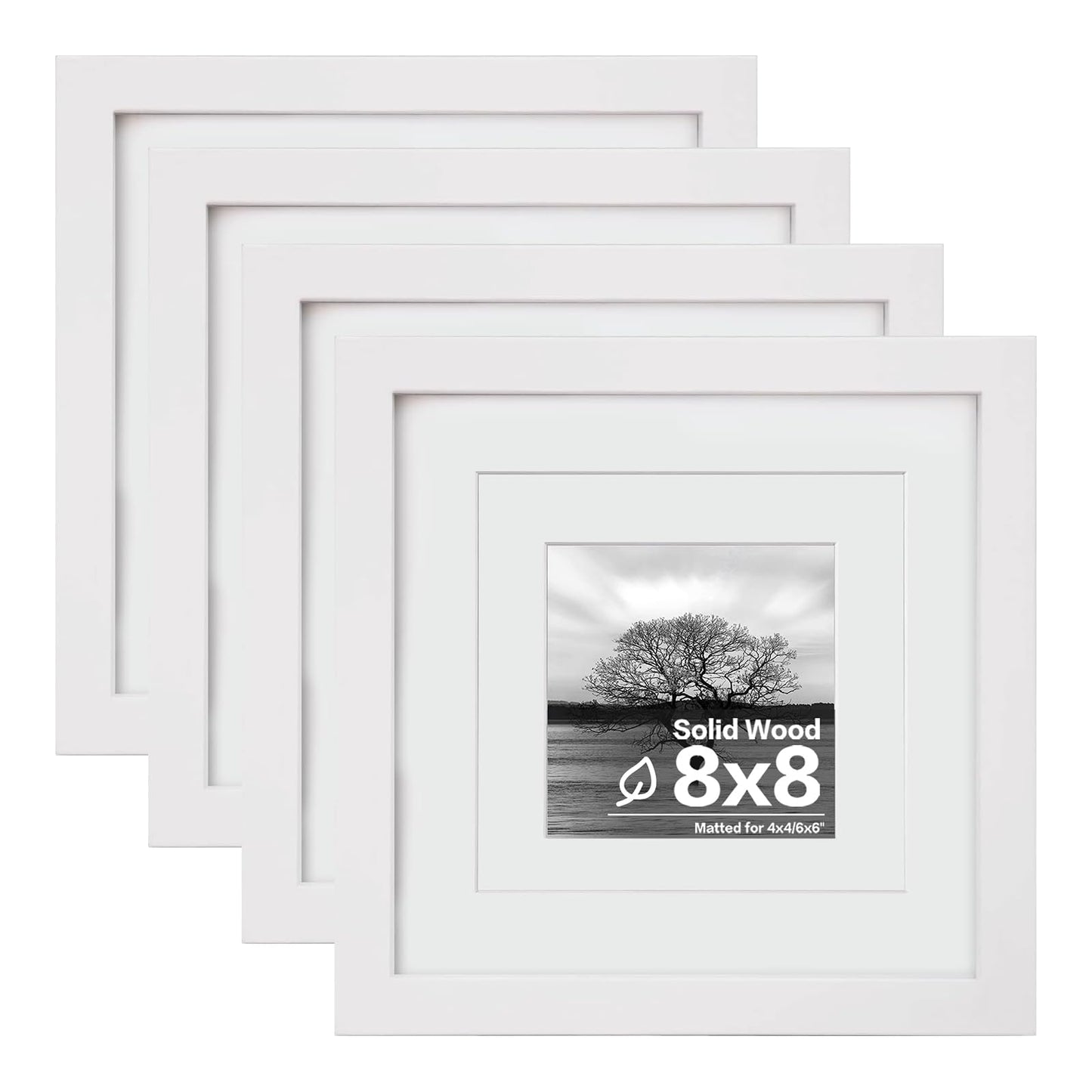 Egofine 8x8 Picture Frames 4 PCS - Made of Solid Wood Covered by Plexiglass for Table Top Display and Wall Mounting Photo Frame for Pictures 4x4/6x6 with Mat White