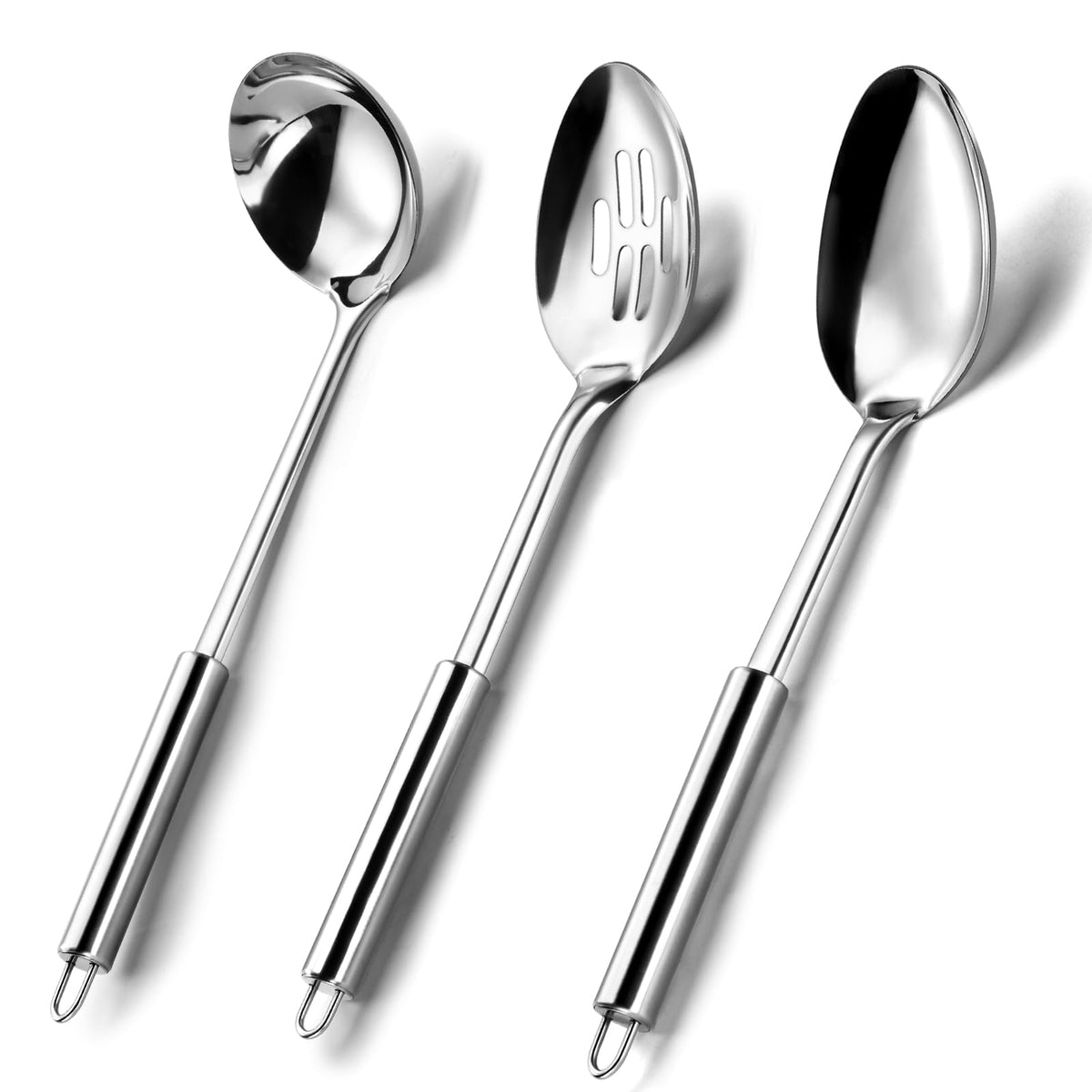 Pleafind Serving Utensils Set for Parties,3-Piece Silver Stainless Steel utensils set,Includes 1 Serving Spoon, 1 Slotted Spoon and 1 Soup Ladle,Serving Spoons for Buffet