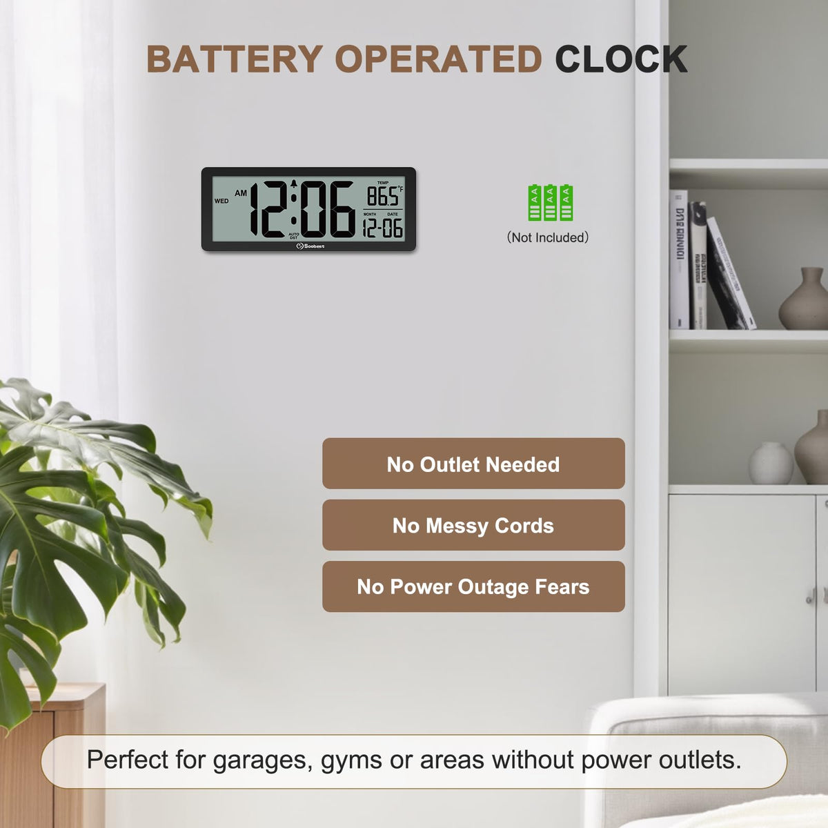 Soobest 8.5 Inch Digital Wall Clock Battery Operated with Backlight, Temperature, Date, Day & Auto DST, Black Slim Design for Elderly, Bedroom, Living Room, Office