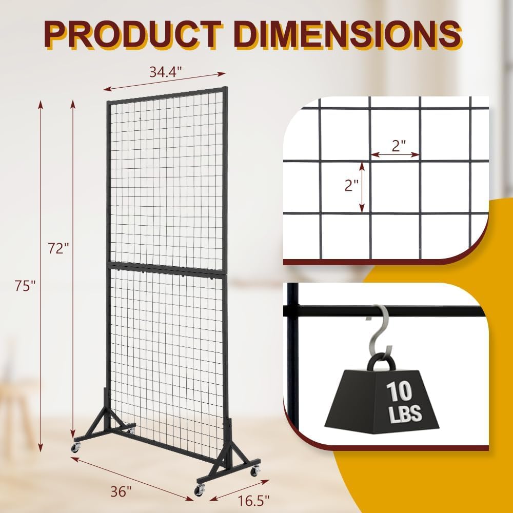 OUDUCK 2 Packs 3' x 6' Grid Wall Panels Standing Wire Grid, Study Display Rack with T-Base Wheels Freestanding Gridwall Panel Tower for Shows, Black