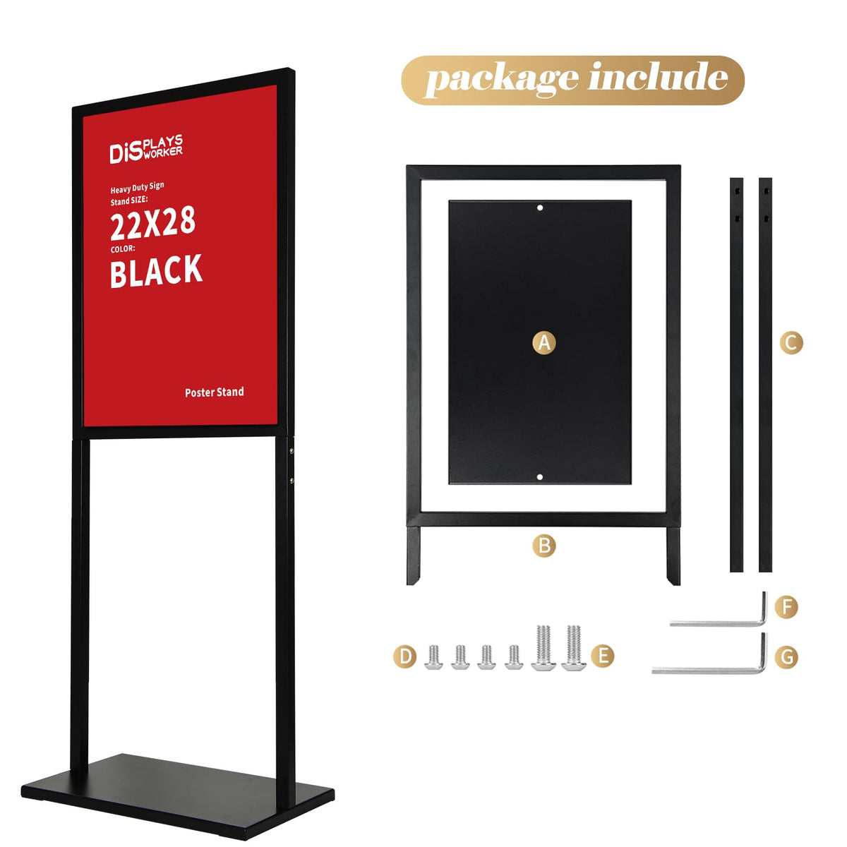 DISPLAYSWORKER Sign holder floor stand, heavy Duty Pedestal poster banner stand for display,22×28 inch slide-in double sided poster sign holder floor standing for board Display (Black, 22×28)