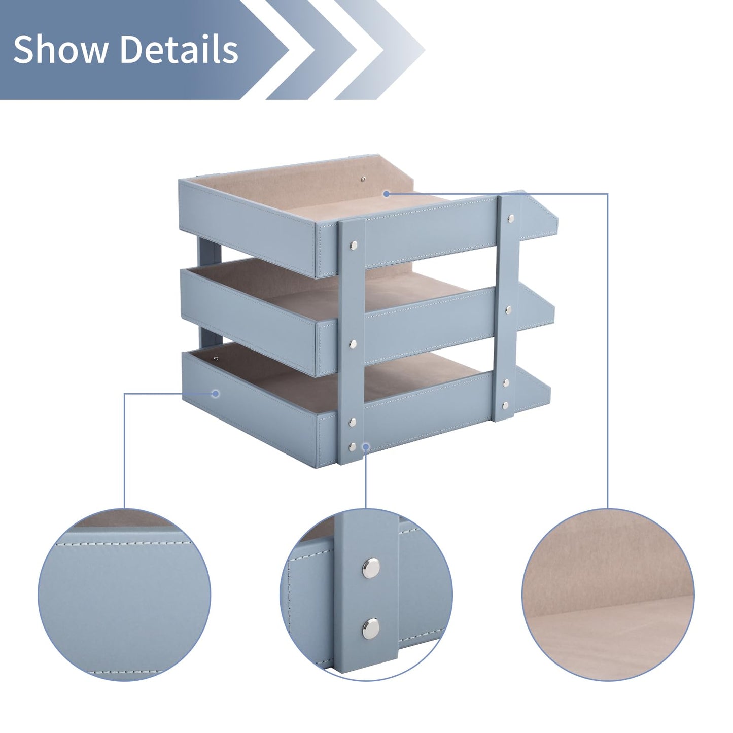 Leather Desk Organize Holder,3-Layer Stackable Letter Tray,Used to Store documents,Folders,Stationery,Magazines,Paper,and Other Home Office Supplies,Desk File Rack (Grey)
