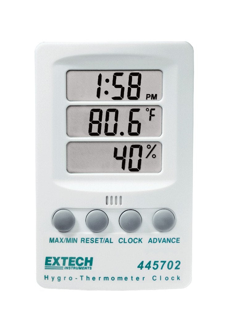 Extech 445702 Hygro-Thermometer Clock - Digital Humidity Monitor and Indoor Thermometer with Max/Min Memory, Triple LCD Display, 12/24 Hour Clock, and Alarm - Wall Mount or Desktop Stand