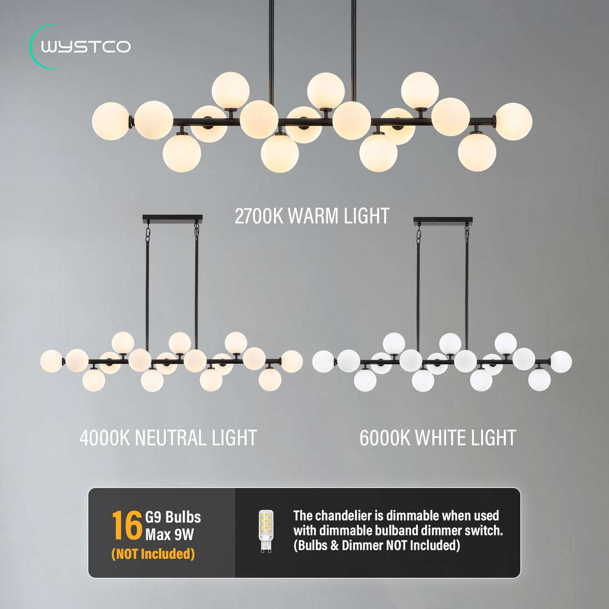 Wystco 56 Inch Black Linear Chandeliers for Dining Room, Kitchen Island, Living Room, 16-Light Mid Century Modern Light Fixture Over Table, Large Milk White Glass Globe Sputnik Bubble Chandelier
