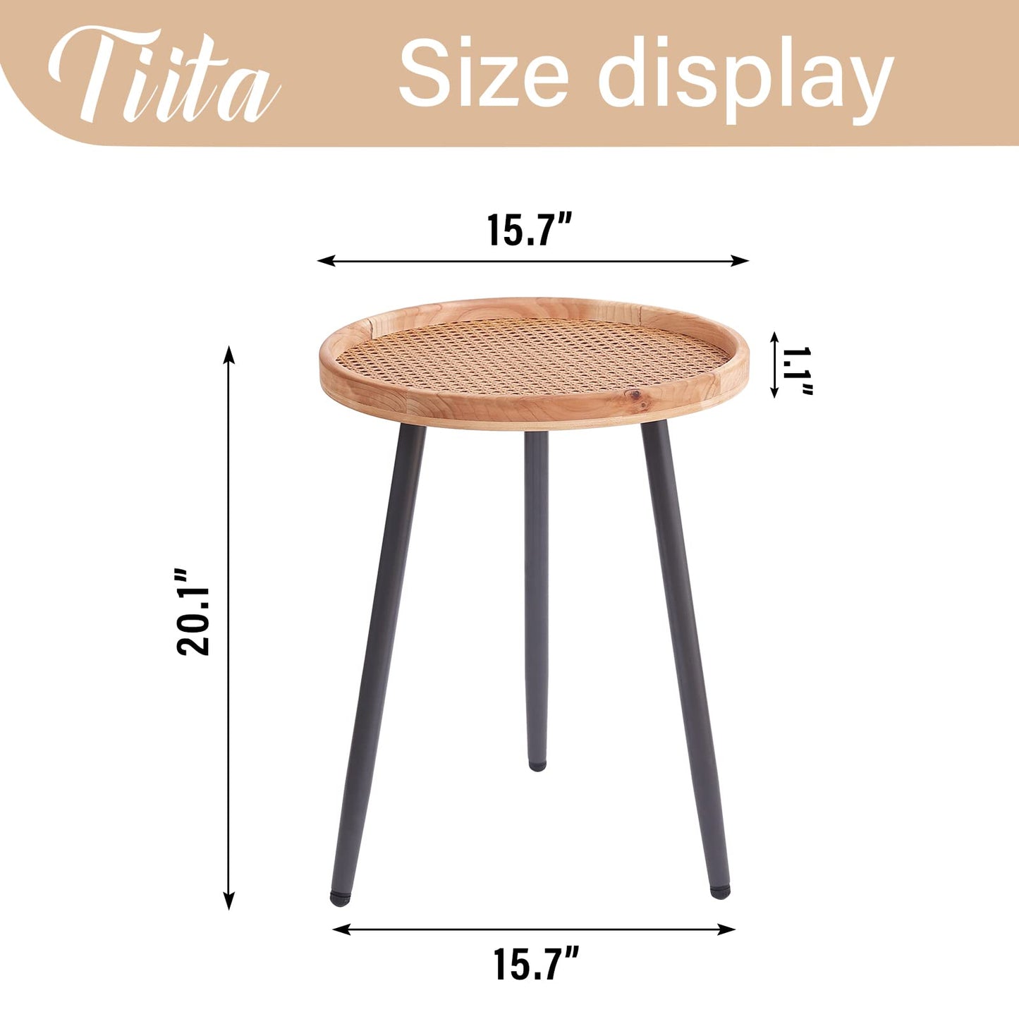 Tiita Rattan Round End Table Mental Side Table Nightstand/Small Wood Tables Accent Coffee Table with Wooden Tray for Living Room Bedroom Office Small Space