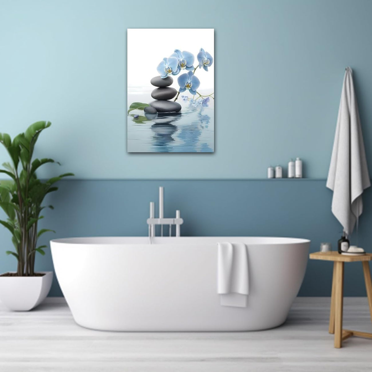 CXHOSTENT Spa Bathroom Wall Art Blue Orchid Flowers and Zen Stones on Water Pictures Print on Canvas Framed Artwork for Yoga Zen Room Decor (Zen-3, 12.00"x18.00")