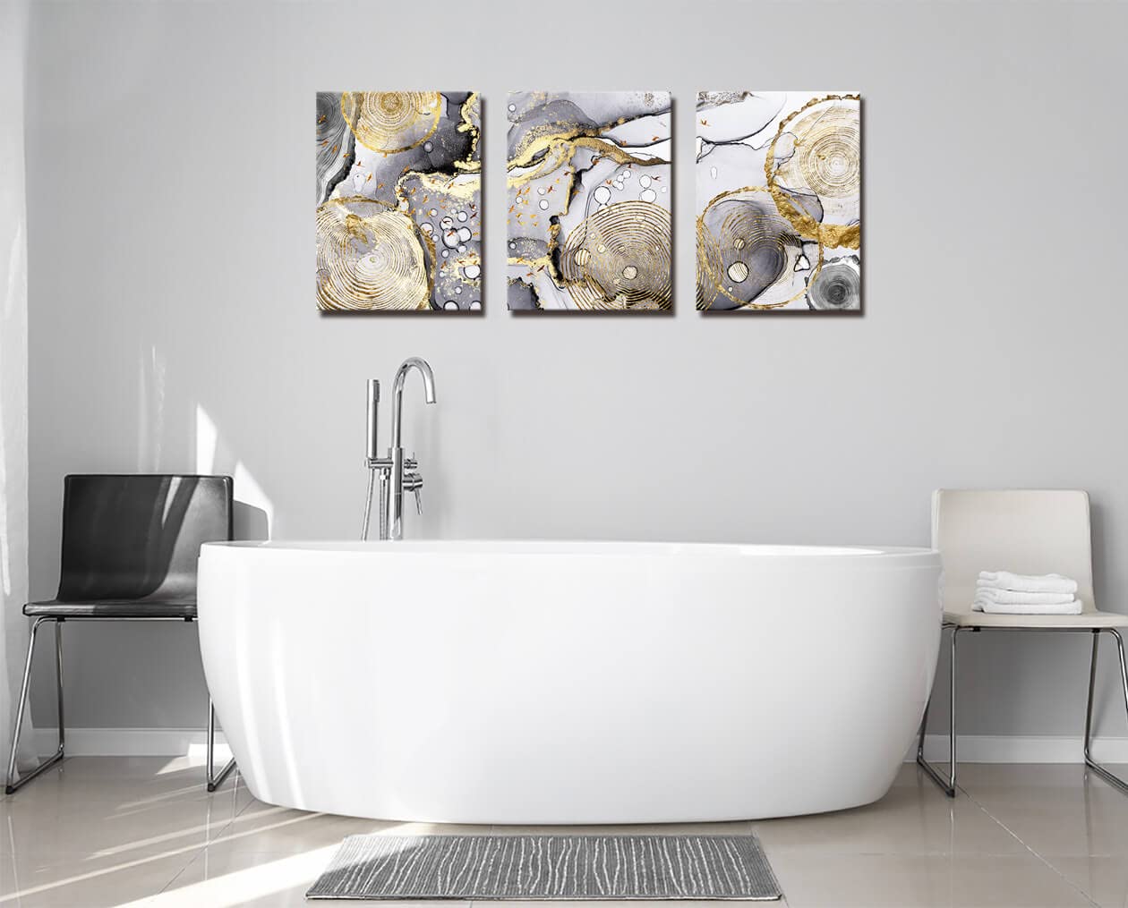 Gold Abstract Wall Art 3 Pieces Modern Framed Artwork Black and White Grey Gold Fluid Ink Annual Rings Pictures Canvas Prints Painting for Living Room Bedroom Kitchen and Office Wall Decor 12x16inx3
