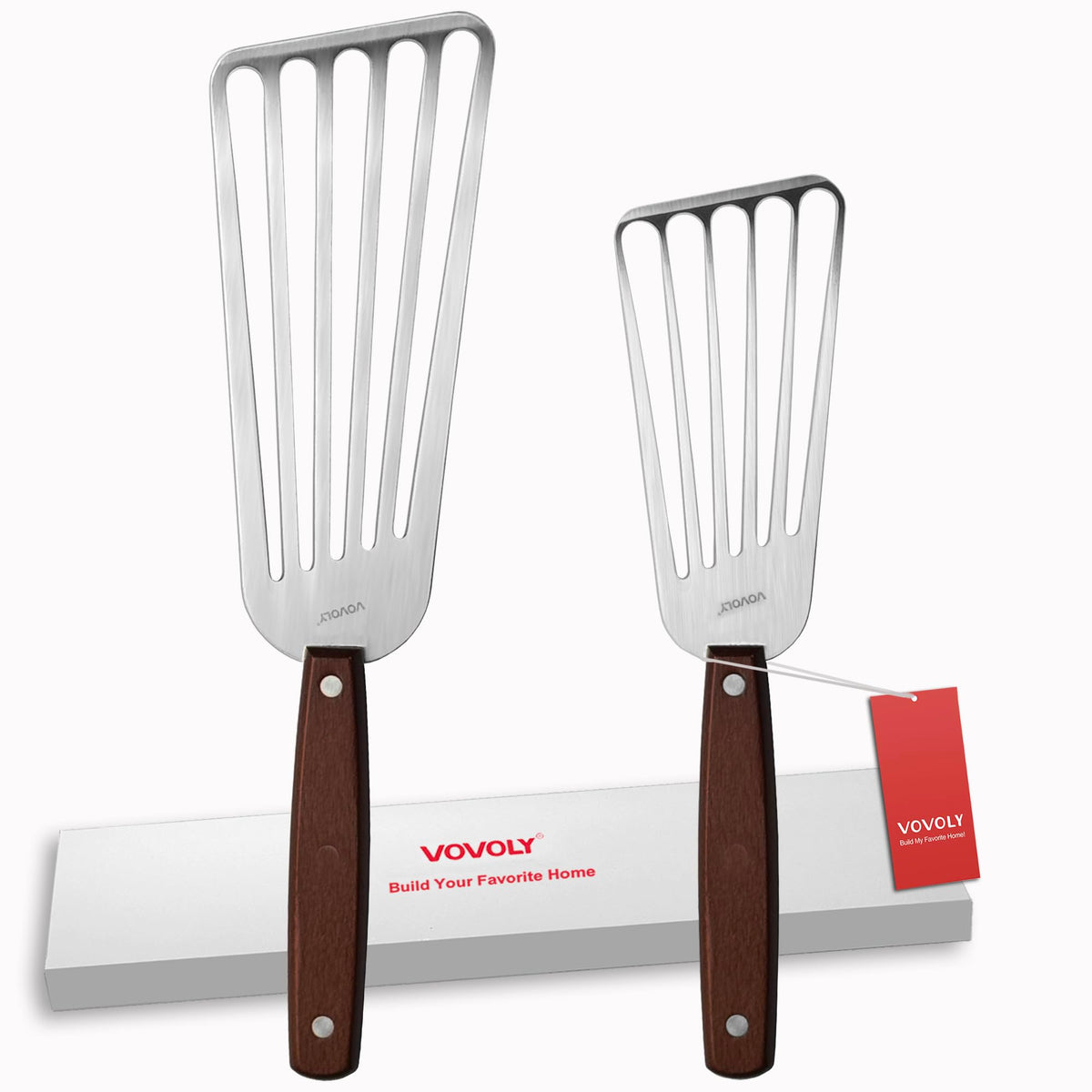 2 Pack Fish Spatula Turner, Stainless Steel Slotted Spatulas for Flipping, Turning, Frying & Grilling, 3"x6"+4"x8" Metal Slotted Spatulas, Wooden Full Tang Handle & Curved Blade