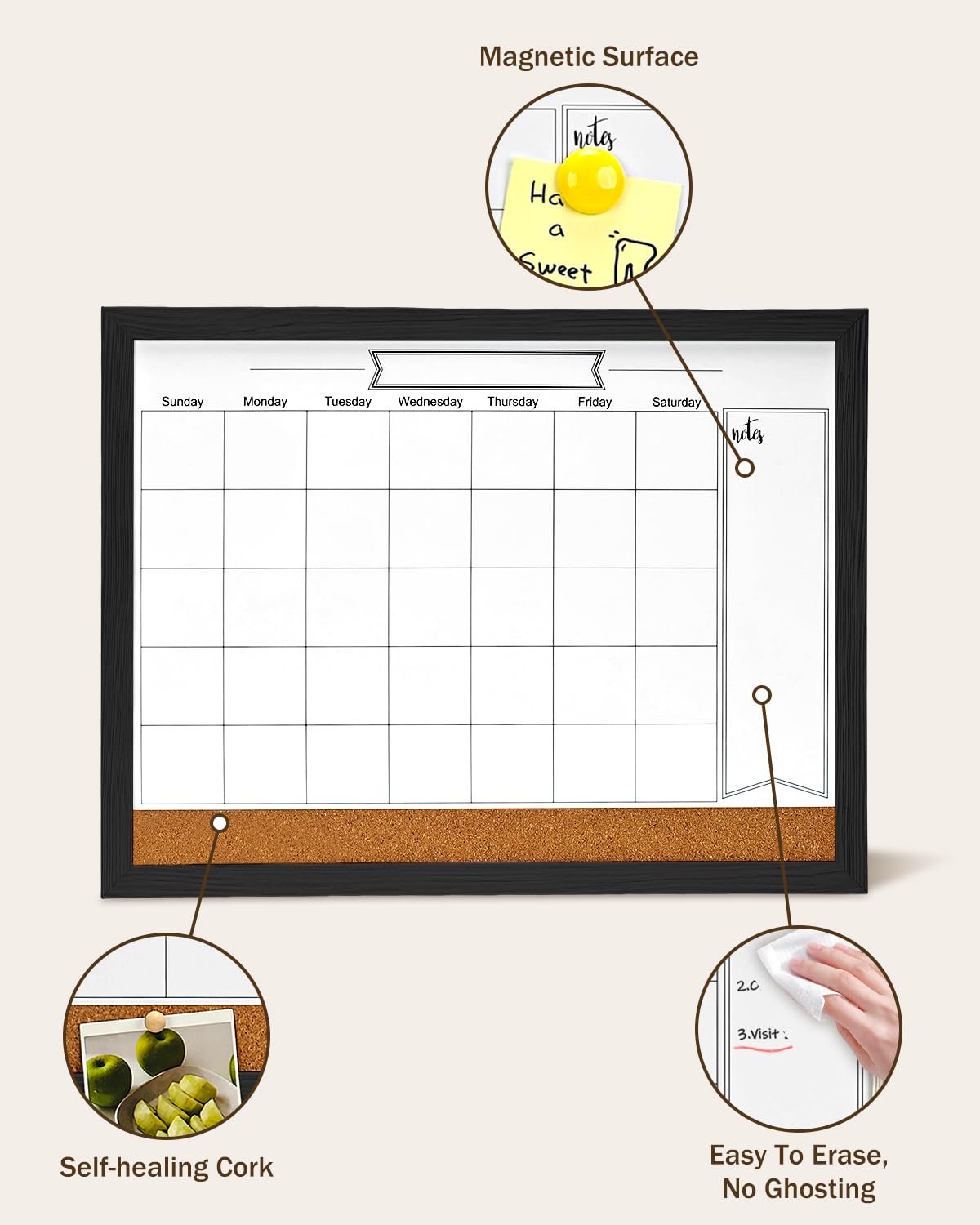 Dry Erase Calendar Whiteboard for Wall, Magnetic 13" x 17" Combination Dry Erase Board & Bulletin Board, 2in1 White Board Cork Board Combo(Black)