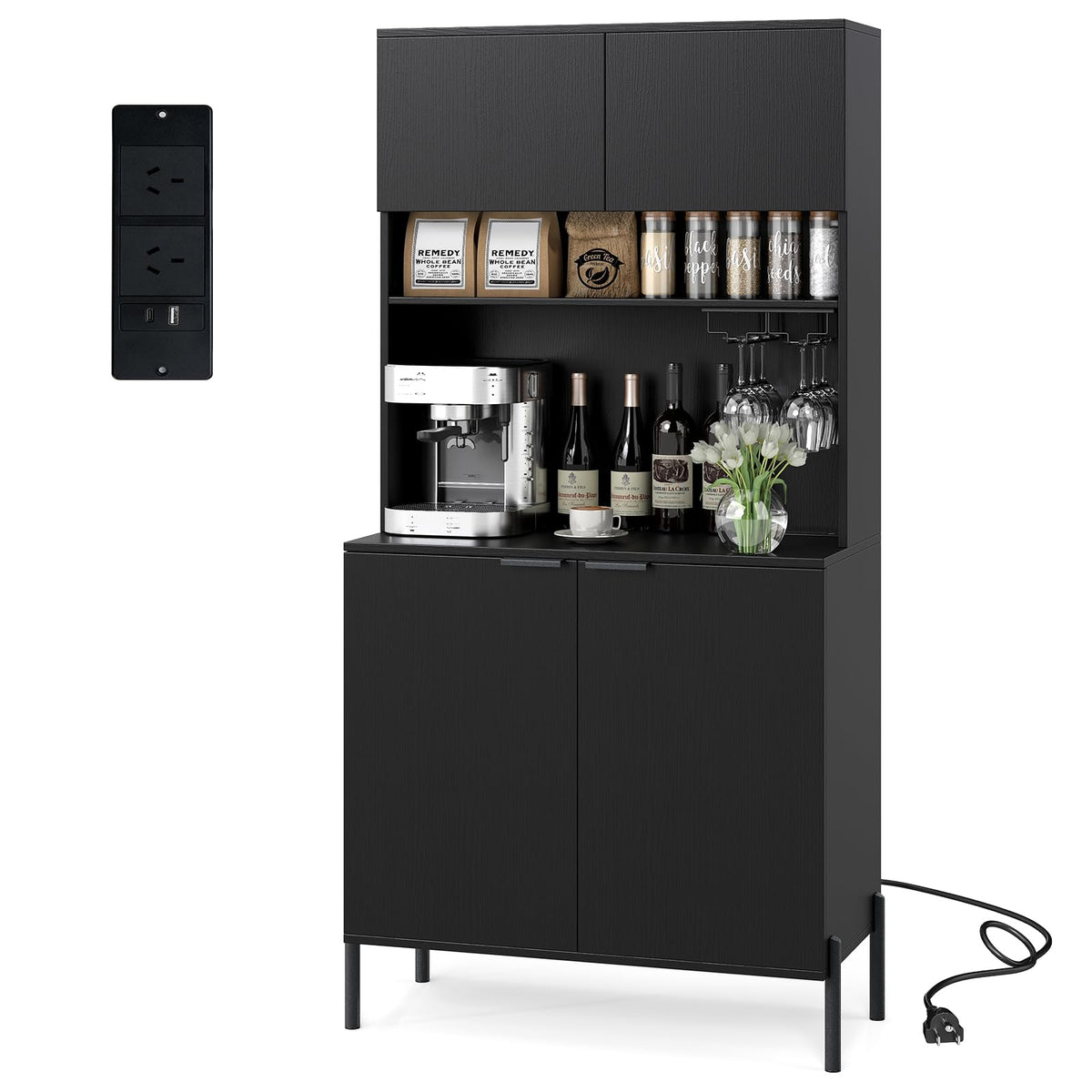Giantex 64.5" Kitchen Pantry Cabinet with Charging Station, Tall Buffet Hutch with Storage Cabinets, Adjustable Shelf, Wine Racks, Modern Sideboard for Dining Room, Living Room, Coffee Bar, Black