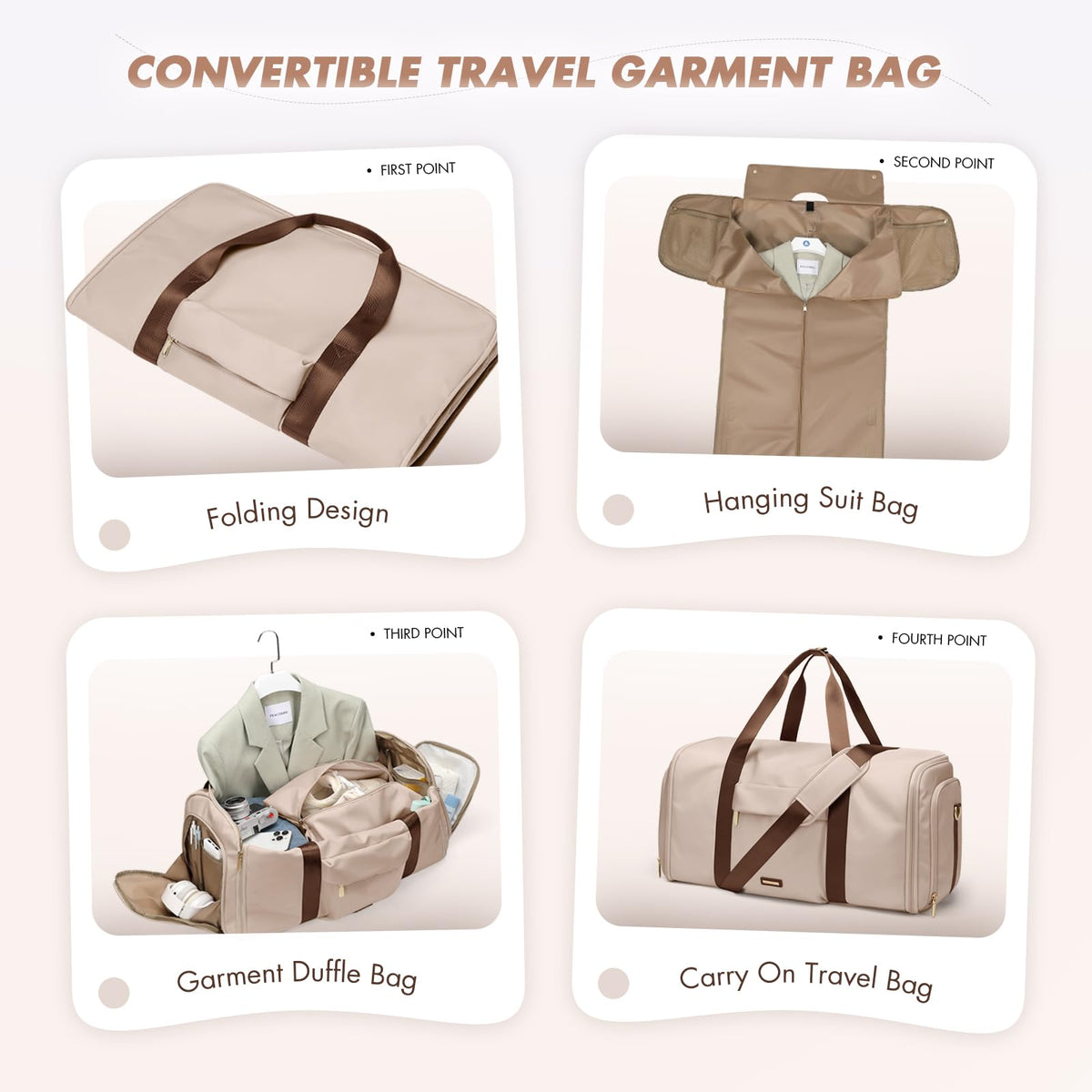 GOLF QUALITY Convertible 2-in-1 Garment Bags for Travel,Women Men Carry On Garment Duffle Bag With Shoe Compartment,Hanging Suit bag,48L,Apricot