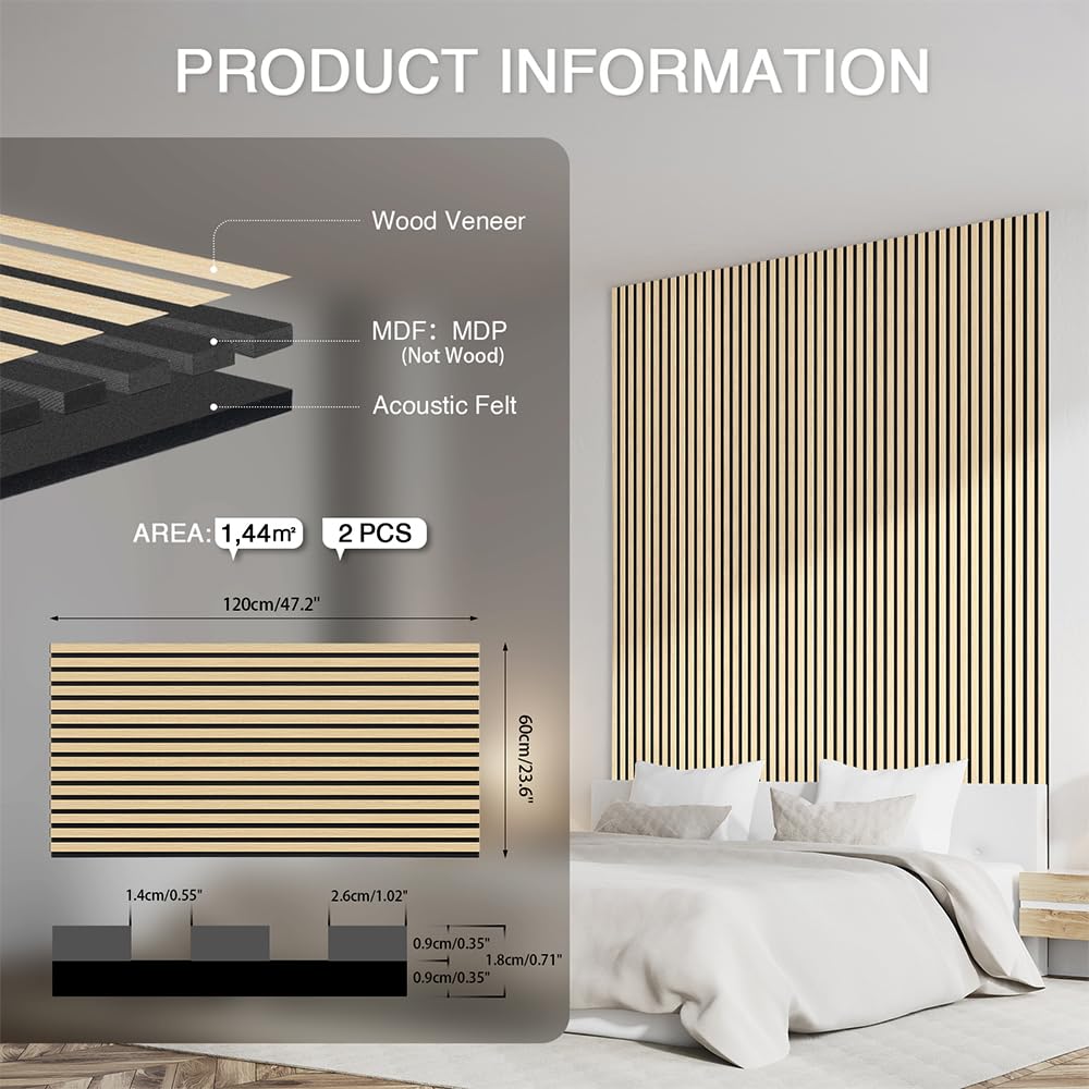 AKK-ART Wood Panels for Wall, Soundproof & Acoustic Wood Slat Wall Panel for Interior Decor, Sound Absorbing Panels for Office,Home Theater & Living Room(Oak#13,2 Pack-47.2"*23.6")