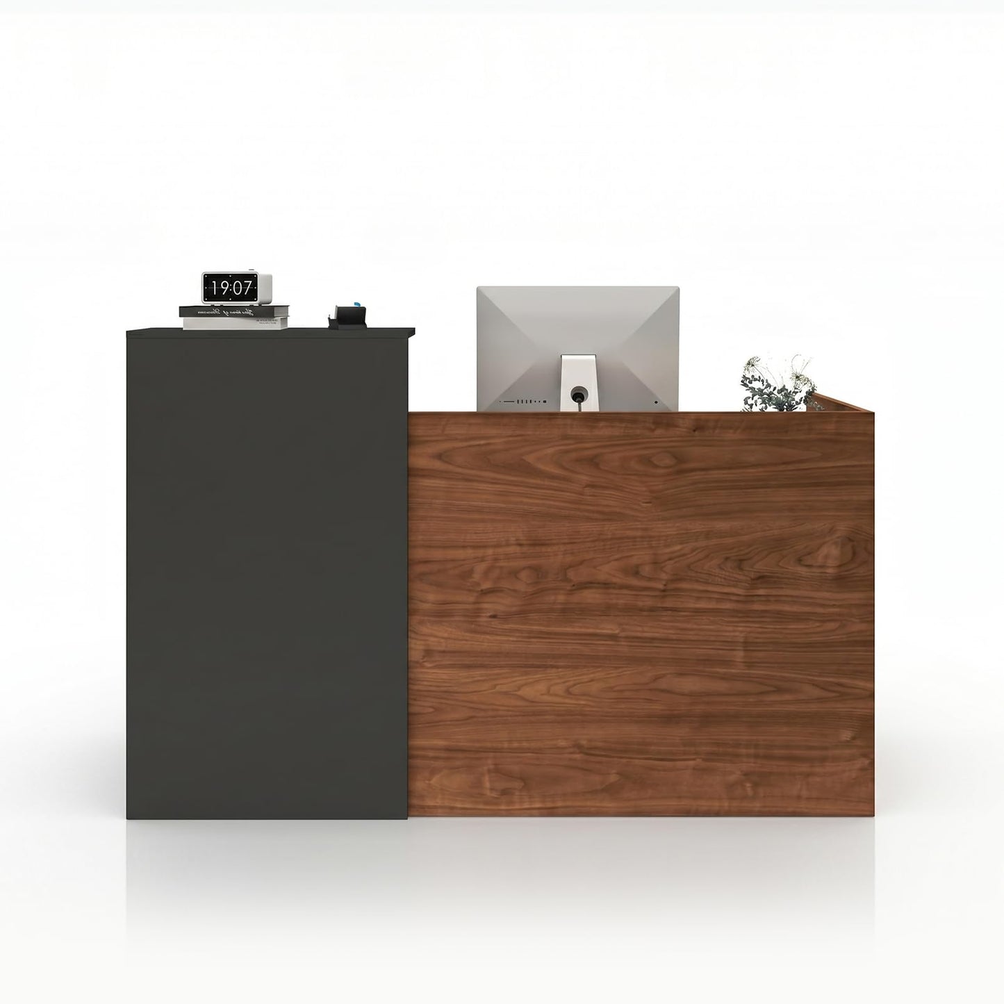 YTElantivo 63″ L-Shaped Reception Desk with Counter – Modern Office Front Desk for Salon, Clinic & Retail, Spacious Workstation, Easy Assembly, Black-Brown Receptionist Desk