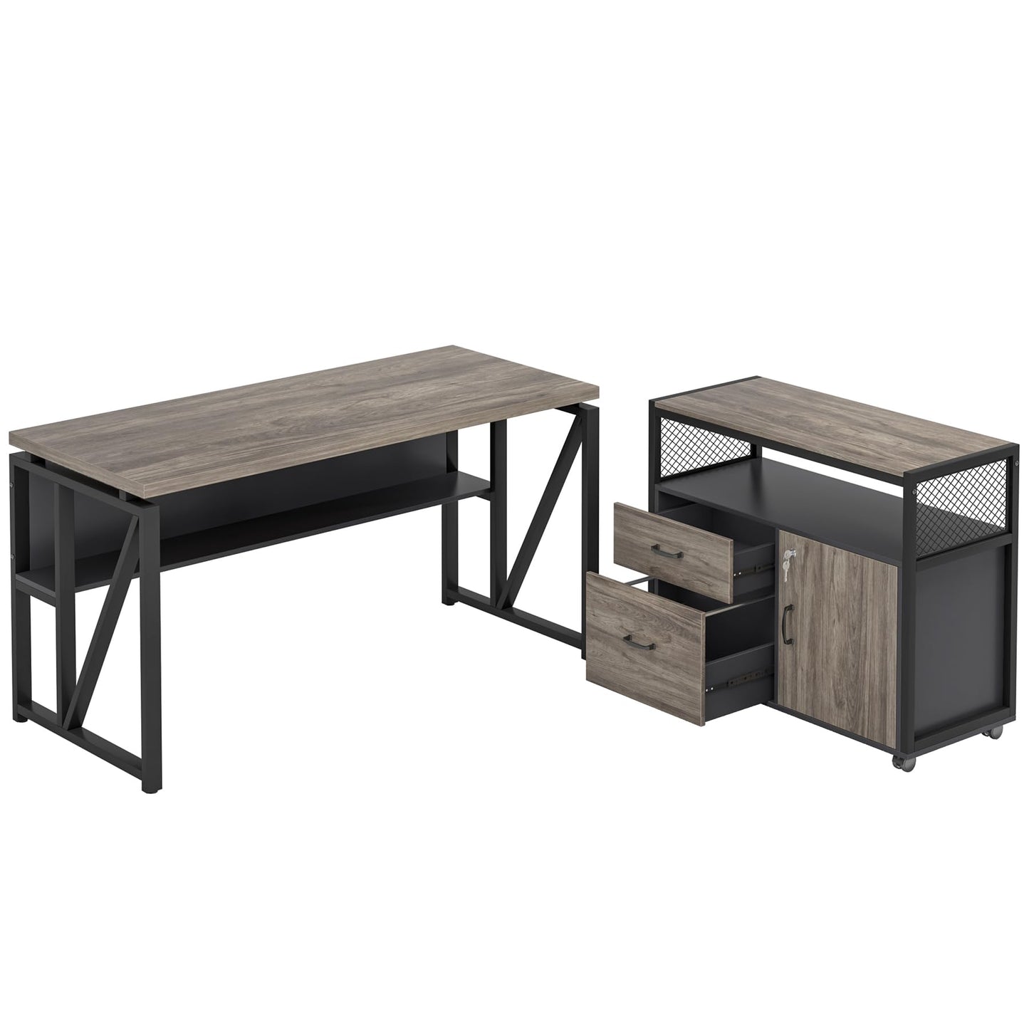 Tribesigns Grey Executive Desk with Cabinet, 55" L Shaped Computer Desk and lateral File Cabinet with Locks, 2 Piece Home Office Furniture Set for Hanging
