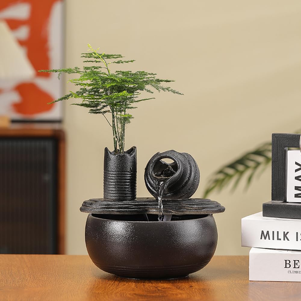 Ceramic Tabletop Fountain Water Feature Fall Indoor and Outdoor Decoration (Black Pot A150)