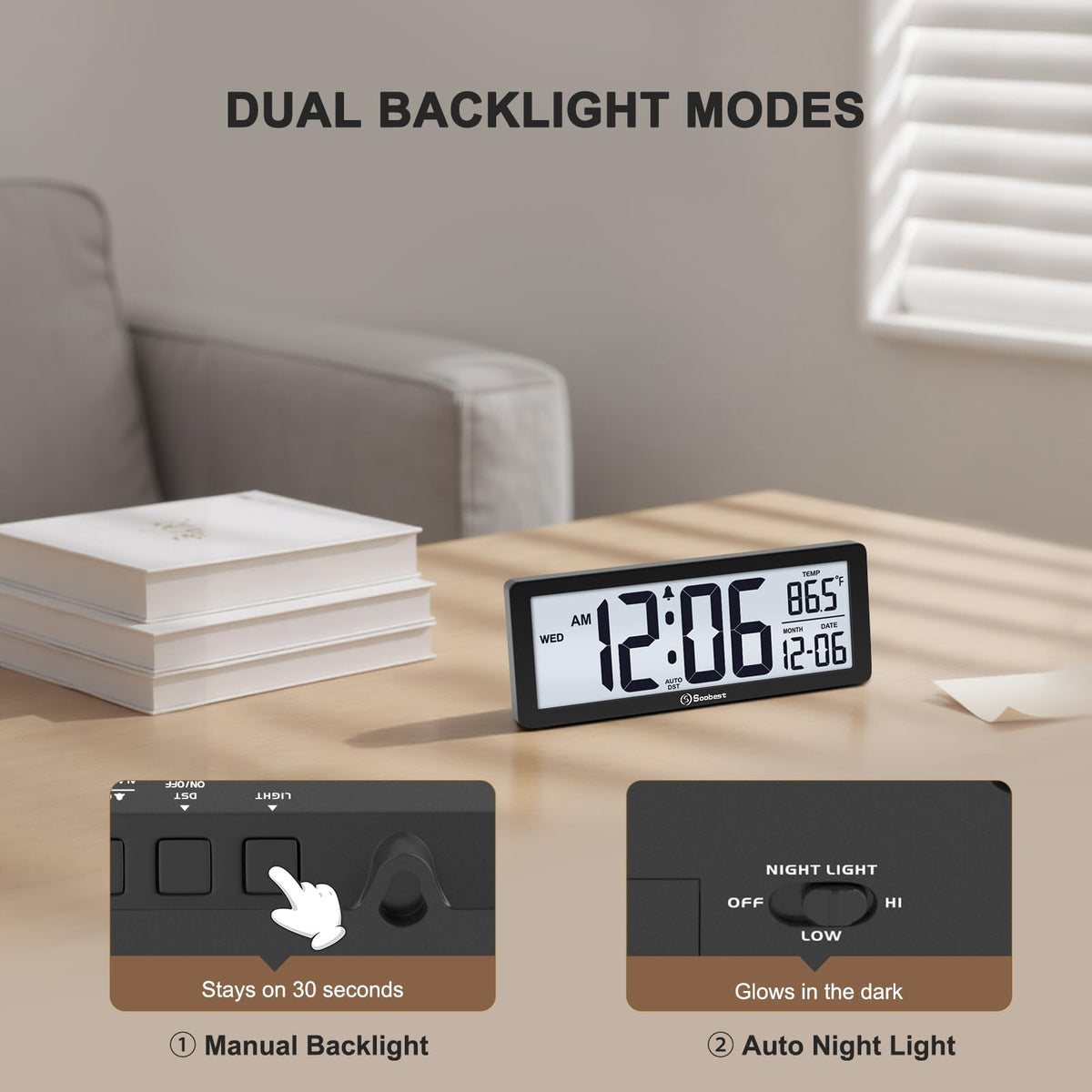 Soobest 8.5 Inch Digital Wall Clock Battery Operated with Backlight, Temperature, Date, Day & Auto DST, Black Slim Design for Elderly, Bedroom, Living Room, Office
