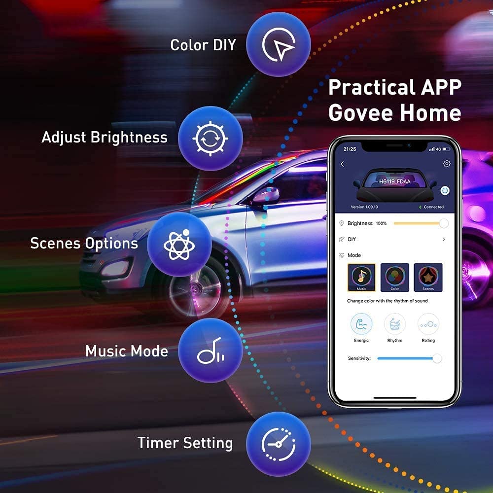 Govee Car Lights, Smart RGBIC Interior Car Lights with APP, Remote Control, LED Lights for Car Decor, DIY Mode and Multiple Scene Options, 2 Lines Design 72 LED Lights for Car