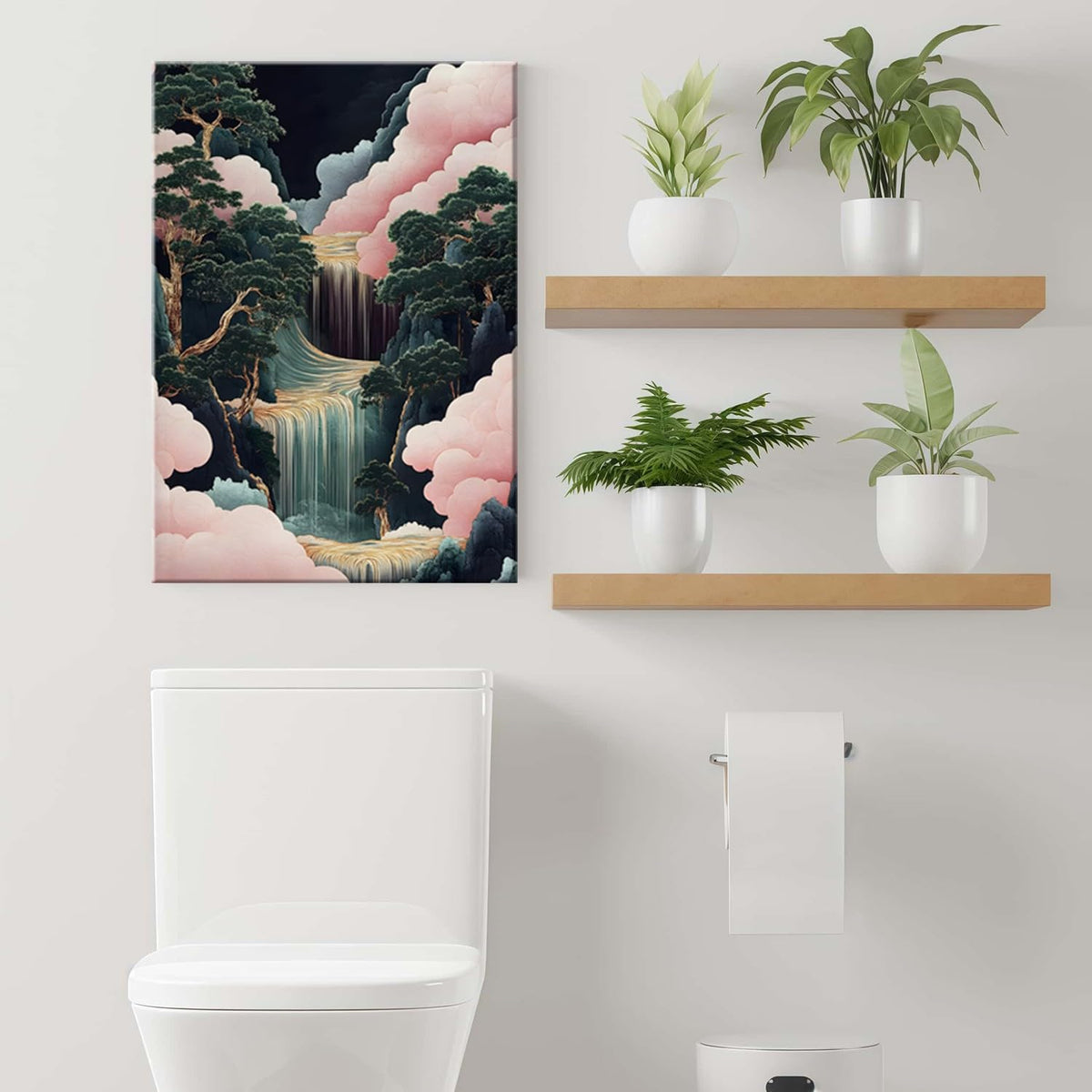Framed Japanese Waterfall Landscape Picture Pink Clouds Wall Art Decor Canvas Print Nature Print Artwork Poster Gallery Bedroom Living Room Office 12x16 Inch Ready to Hang