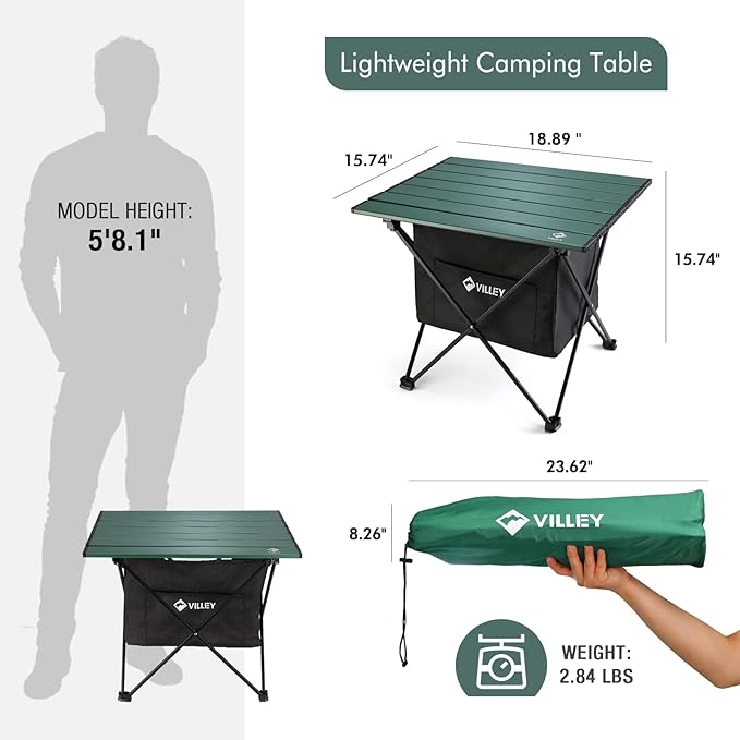 VILLEY Portable Camping Side Table, Ultralight Aluminum Folding Beach Table