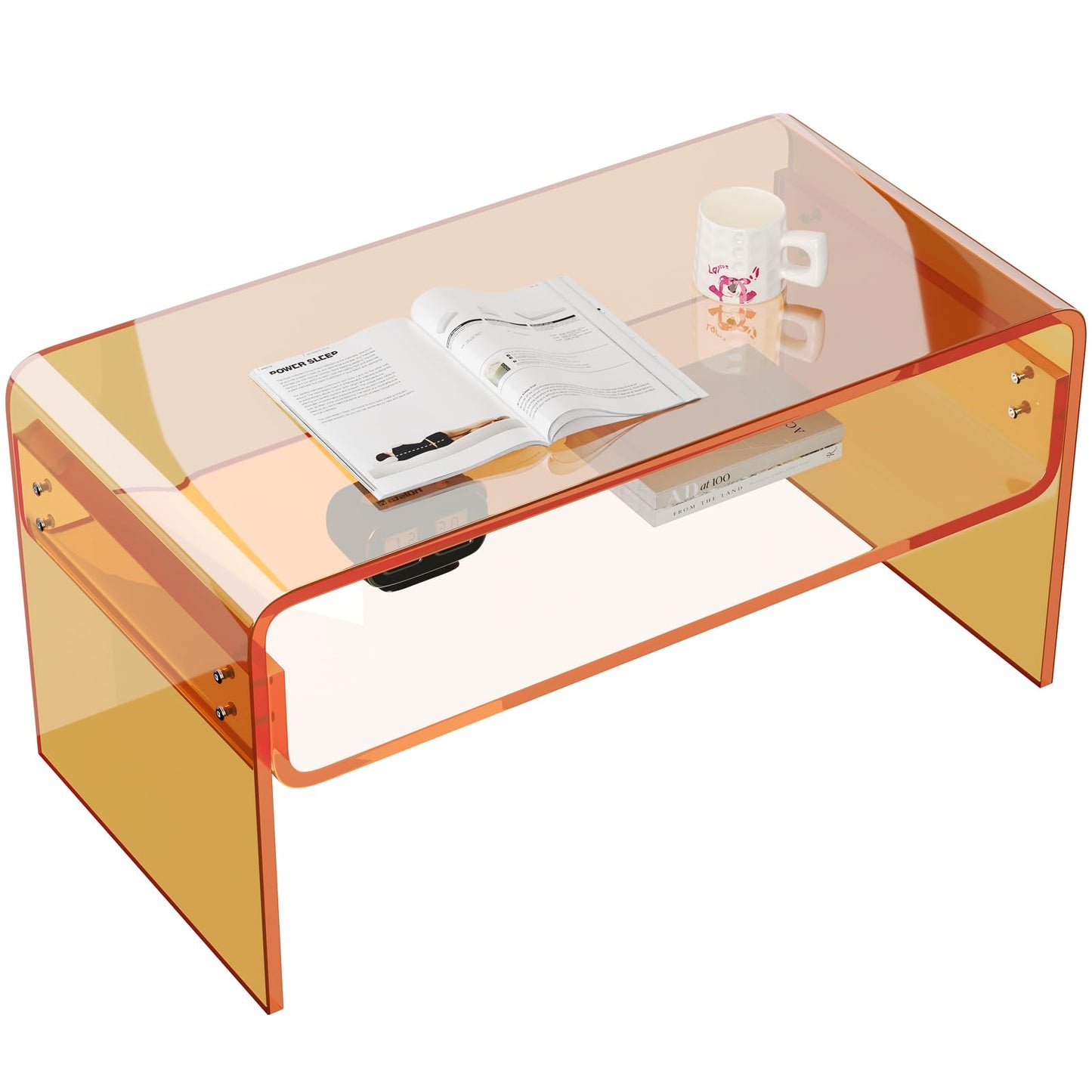 XOHYW Acrylic Coffee Table, Orange Rectangle Side Table Furniture, Modern Tea Table with Open Storage for Living Room, Office Reception and Bedroom