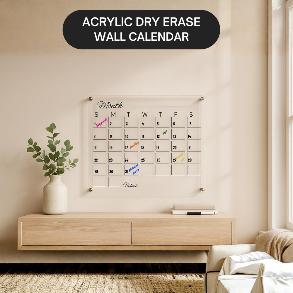 Premium Acrylic Calendar for Wall (16.75” x 13.25”) Clear Calendar & Family Reusable Planner with Vibrant Markers, Acrylic Dry Erase Board for Wall, Home, Office, or Family Command Center