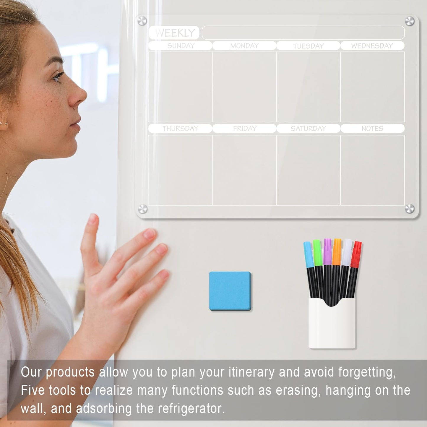 FAZHENWJ Acrylic Magnetic Dry Erase Calendar Board for Fridge, 16"X12" - Erasable Monthly and Weekly Planner with to-Do List, Includes 6 Markers and Eraser