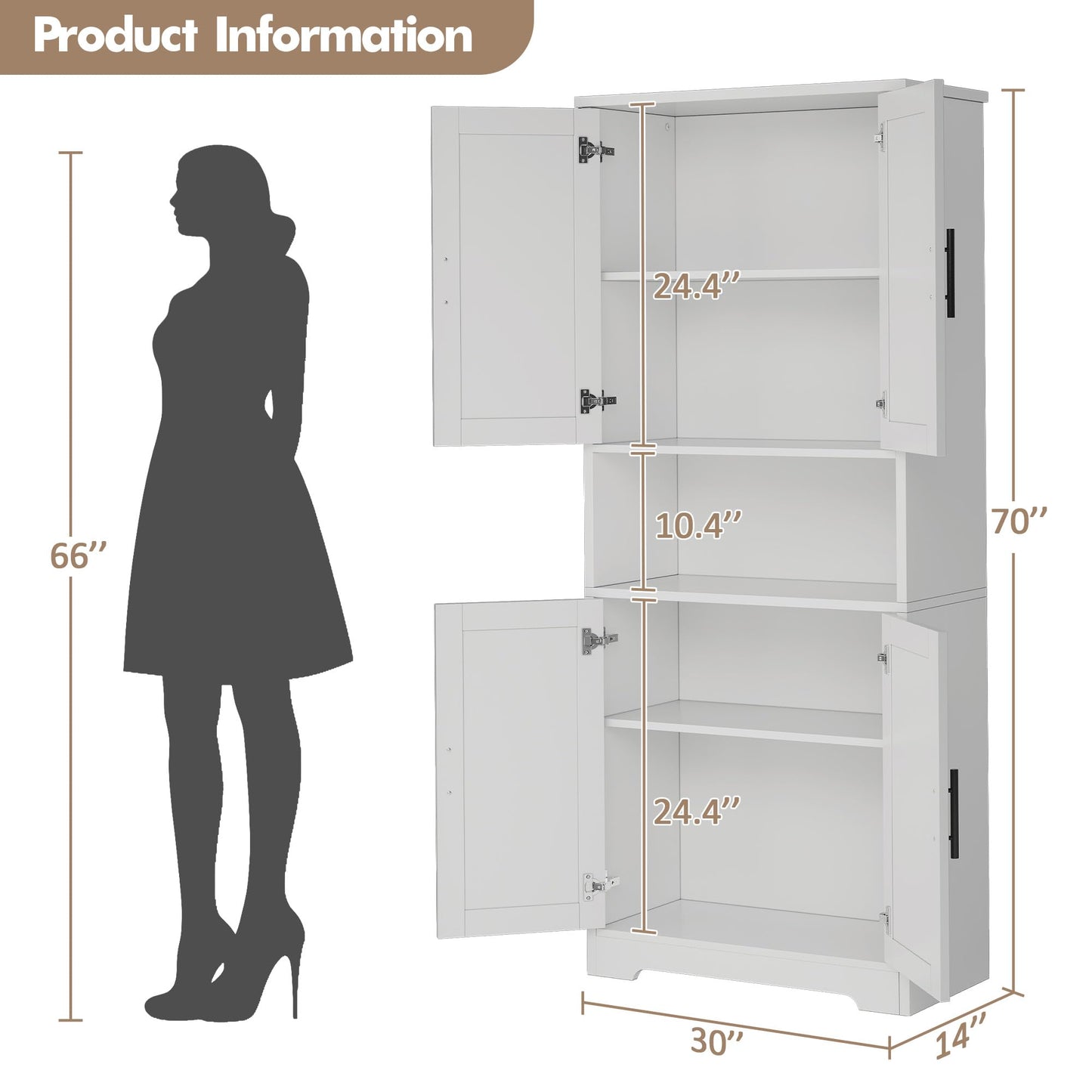 Garvee 70 Inch Tall Storage Cabinet, Kitchen Pantry Cabinet with Doors and Adjustable Shelves, Freestanding Wooden Classic Cupboard for Living Room, Dining Room, Bathroom, White