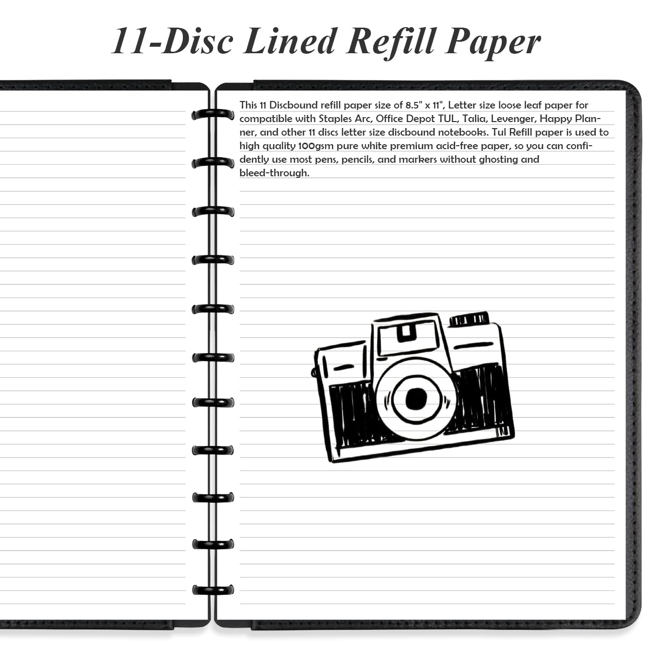 Letter Size Discbound Refill Paper, 11 Disc Paper Refill for Note-Taking System Discbound Planner, 100Sheets / 200Pages Discbound Paper, 100gsm, White, 8.5'' x 11''