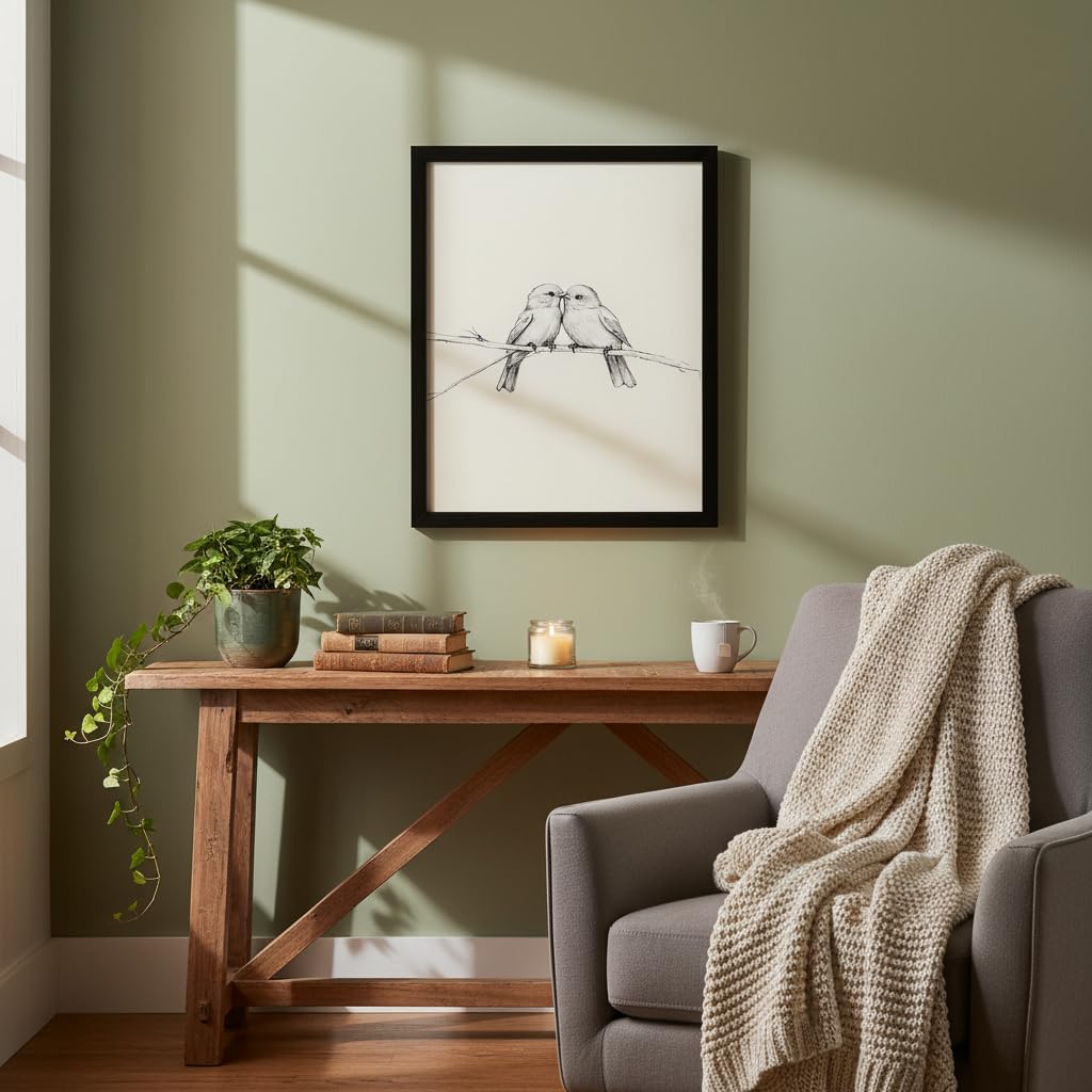 FBBLANG Minimalist Love Birds Wall Art – Neutral Beige Black & White Bird Illustration, Modern Scandinavian Home Decor for Bedroom Living Room Office Bar Black Frame 10 x 8 in